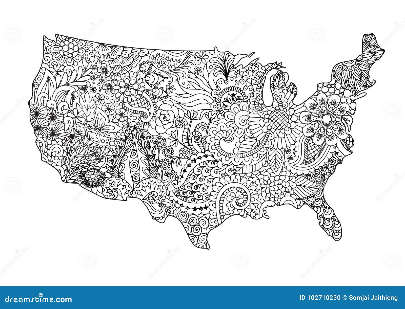 Download Floral USA Map For Design Element And Adult Coloring Book ...