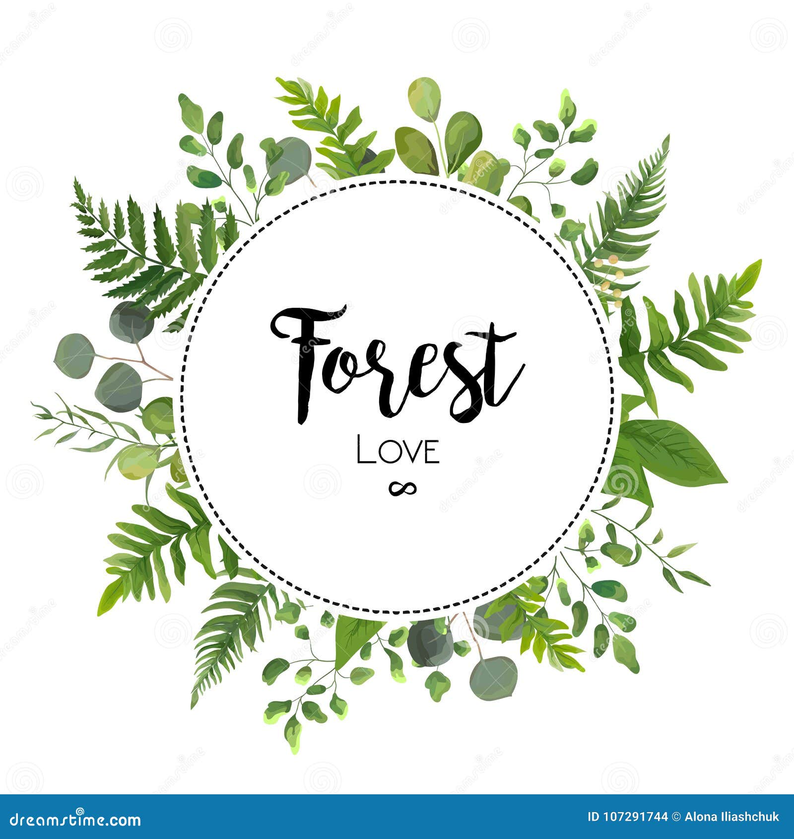 floral  invite card  with green eucalyptus fern leaves elegant greenery berry forest round circle wreath beautiful c