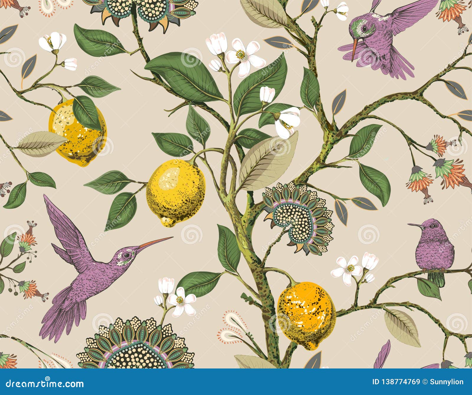 Floral Vector Seamless Pattern. Botanical Wallpaper. Plants, Birds