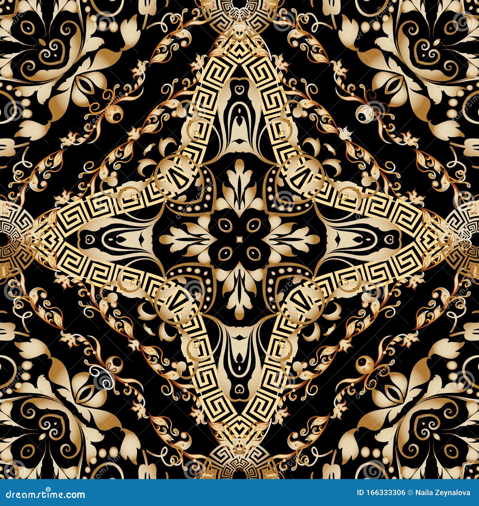 Floral Vintage Golden Greek Vector Seamless Pattern. Damask Ornamental ...