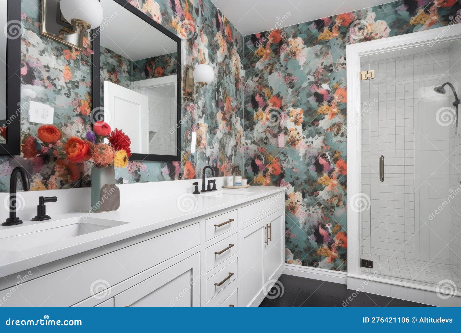 Floral Wallpaper in a Modern Bathroom Stock Photo - Image of pattern ...