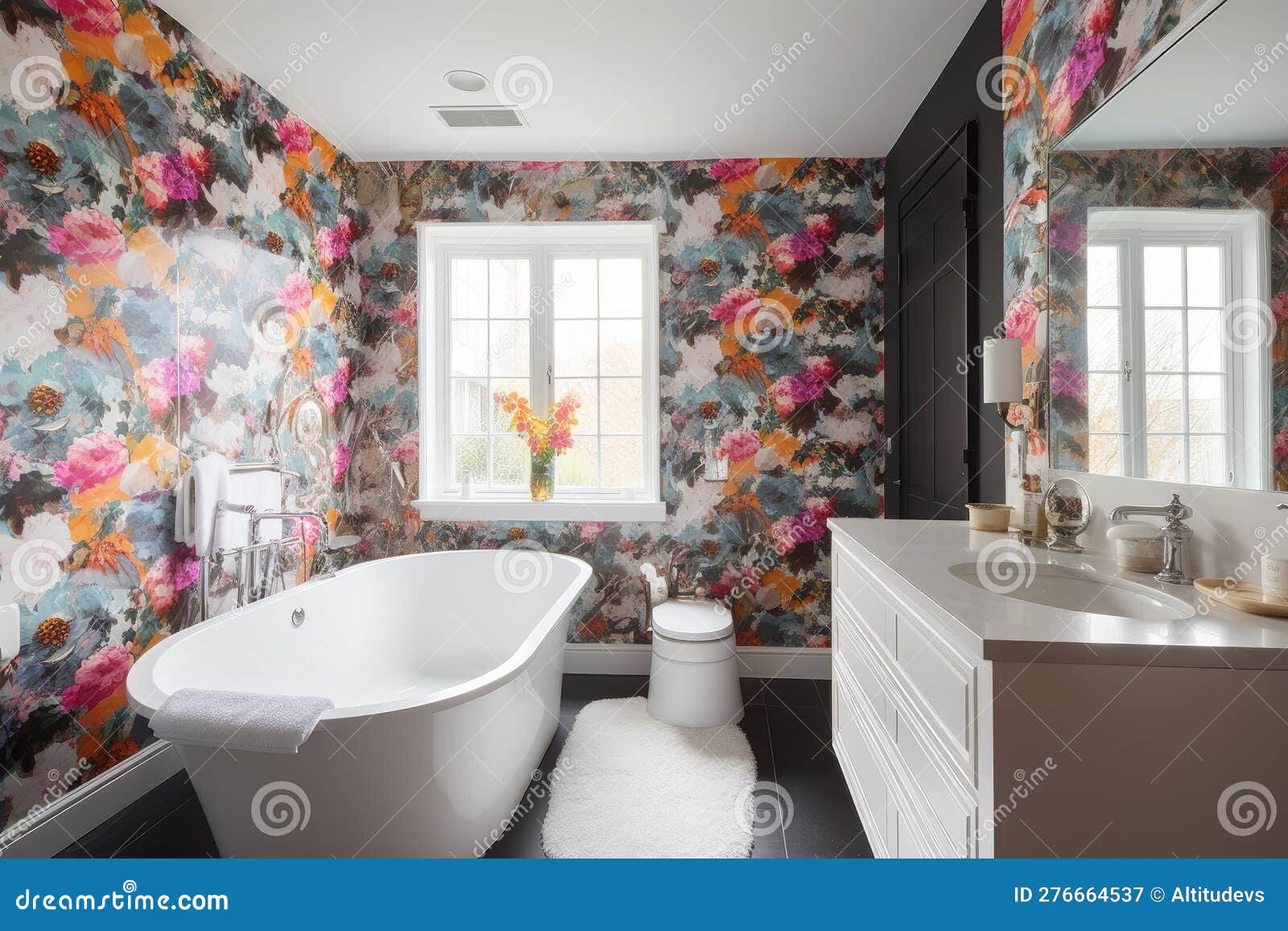 Floral Wallpaper in a Modern Bathroom Stock Image - Image of interior ...