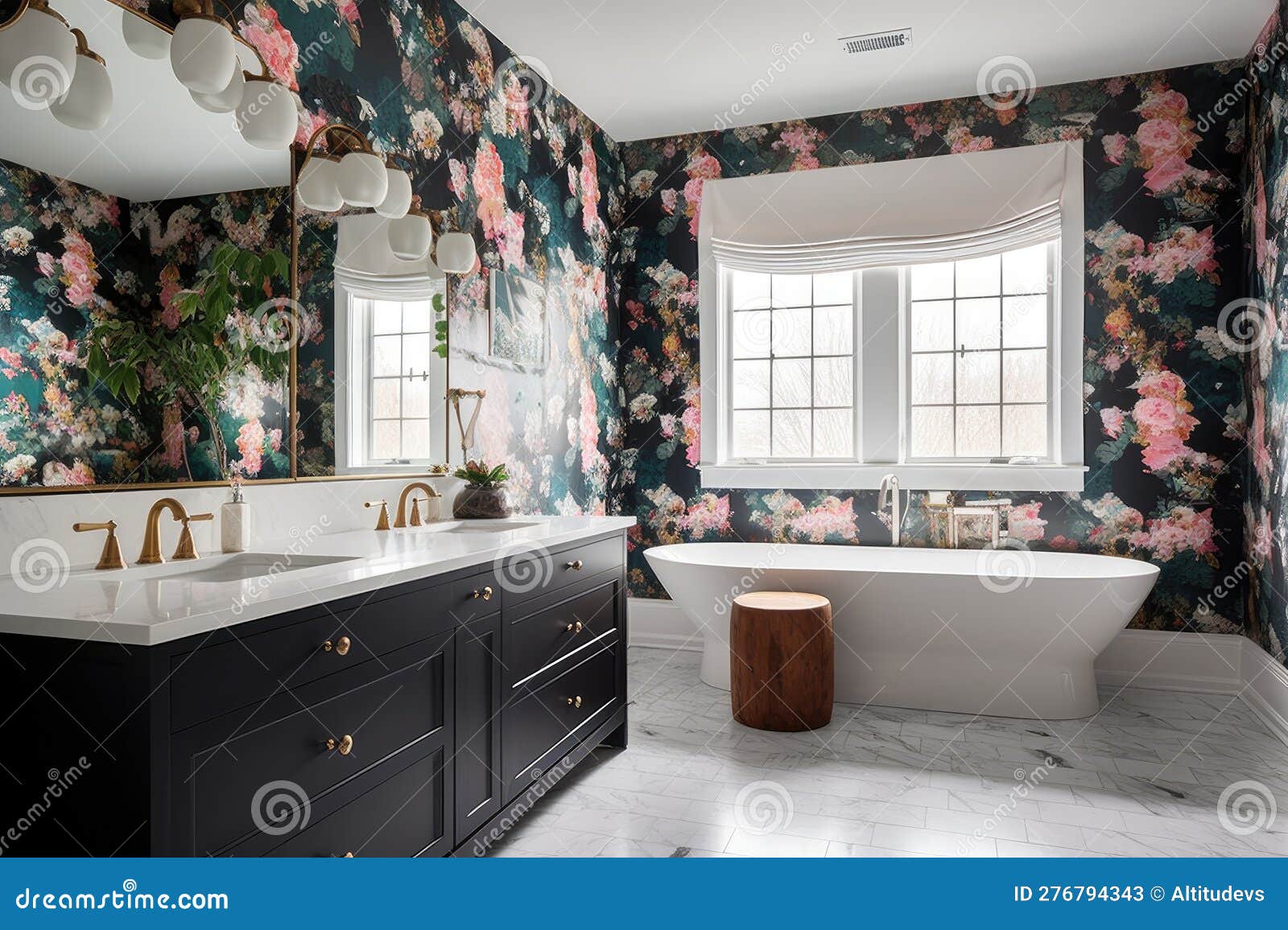 Floral Wallpaper in a Modern Bathroom Stock Illustration - Illustration ...