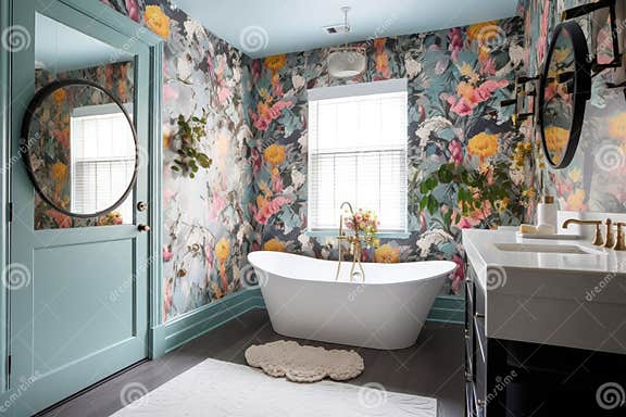 Floral Wallpaper in a Modern Bathroom Stock Illustration - Illustration ...