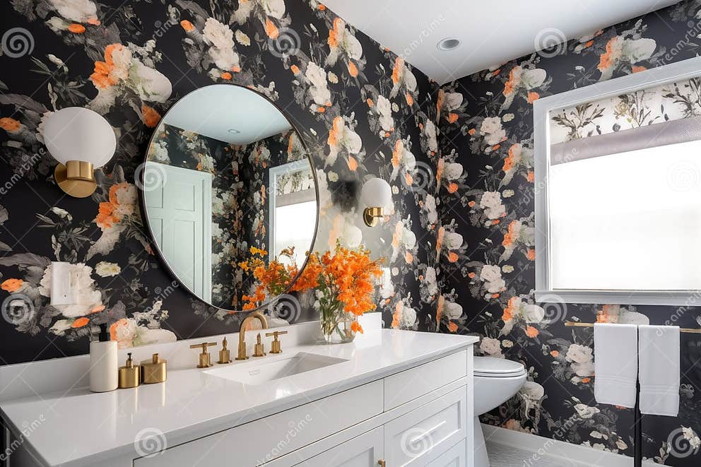 Floral Wallpaper in a Modern Bathroom Stock Illustration - Illustration ...