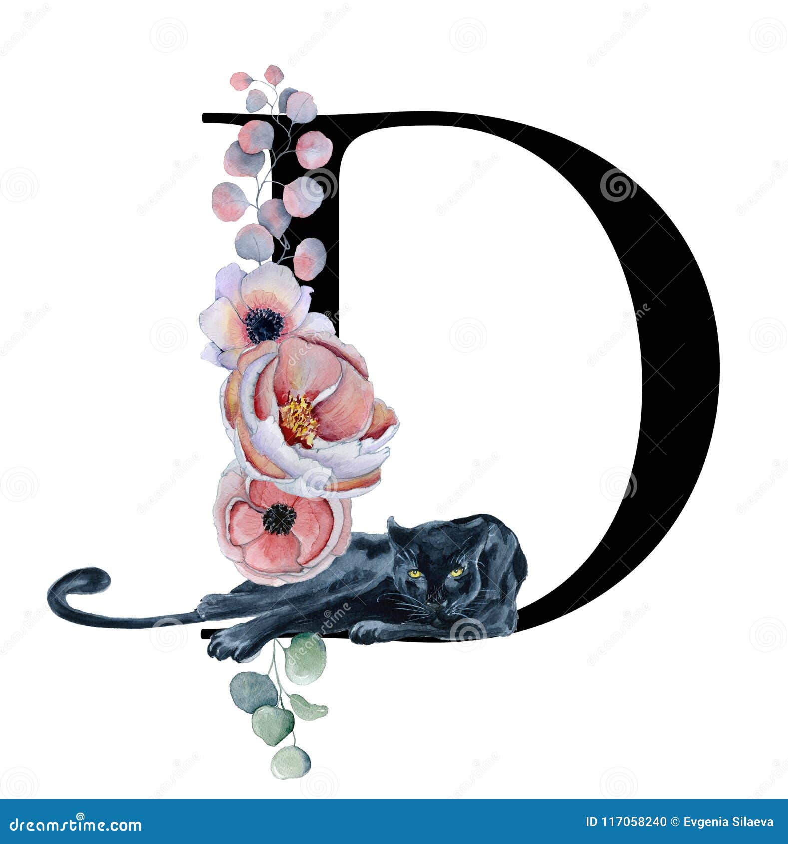 Floral Watercolor Alphabet. Monogram Initial Letter D Design with ...