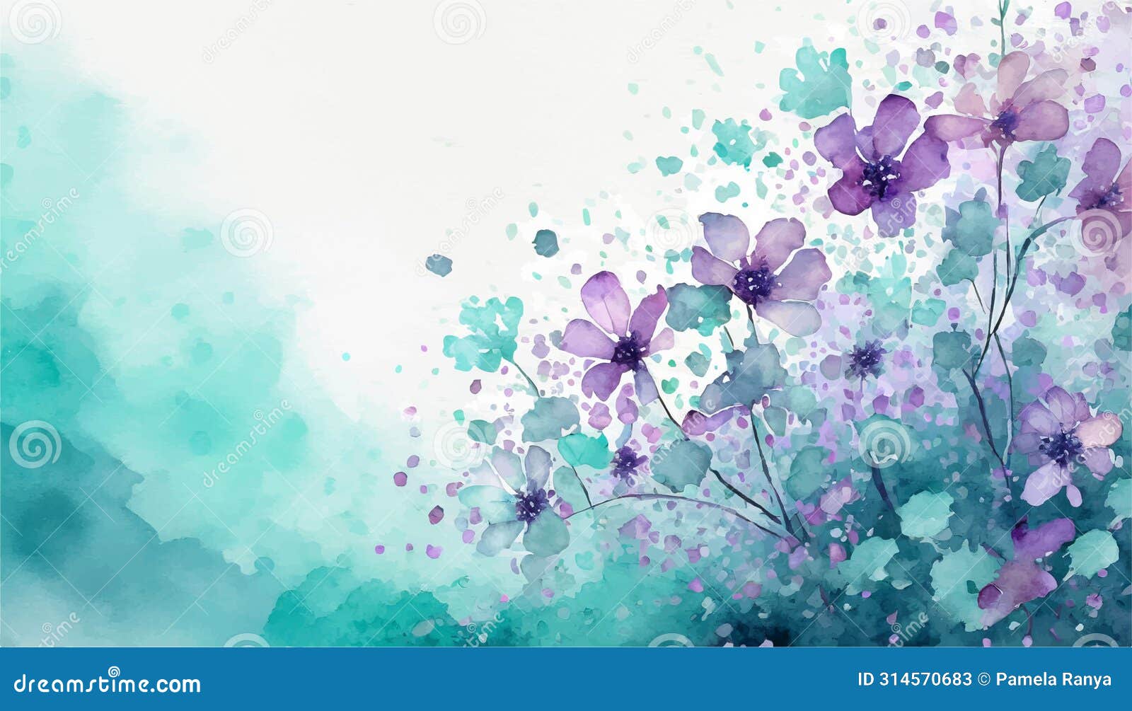 floral watercolor background. beautiful purple and turquoise flowers painting. angular drawing and space for text