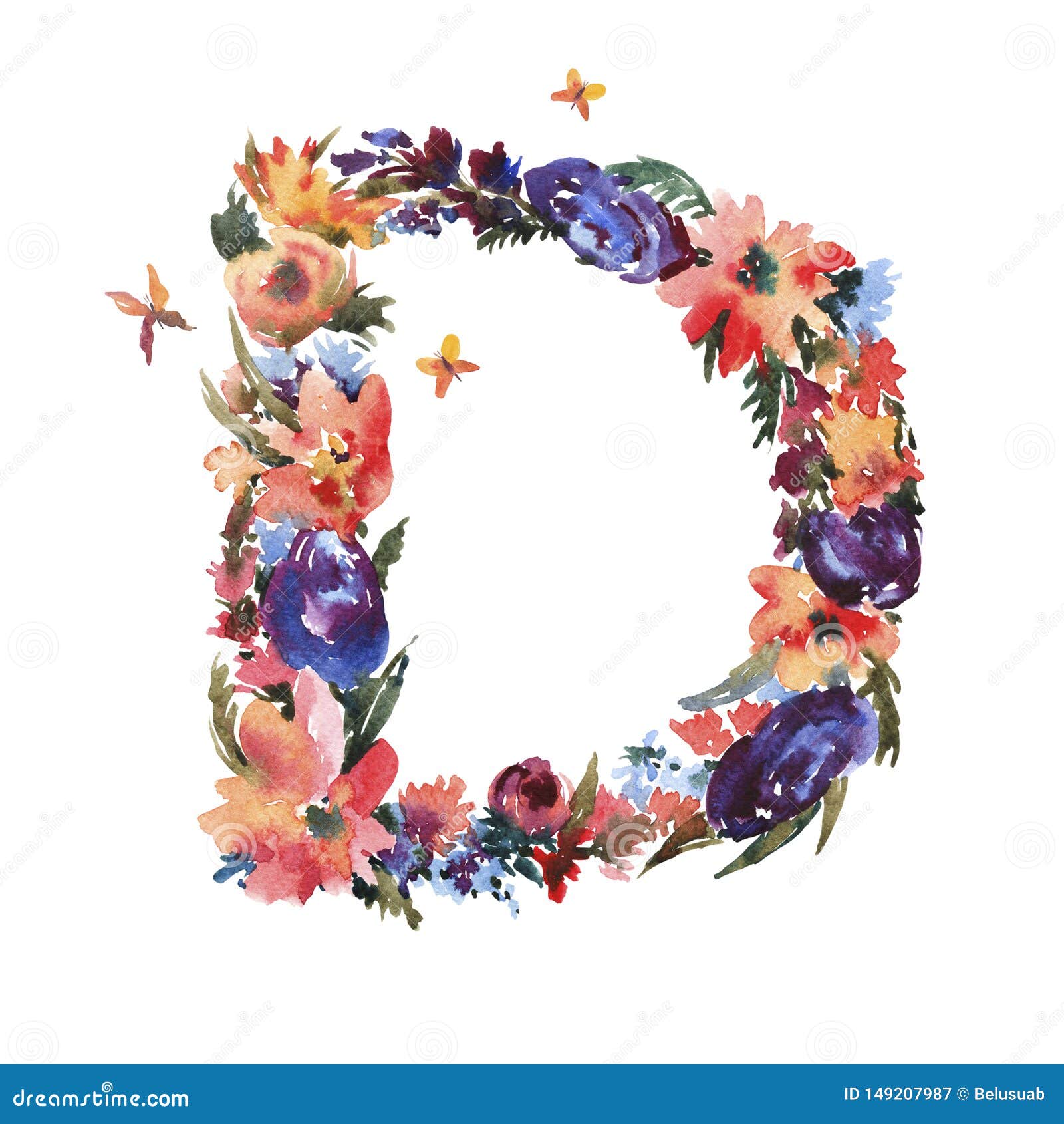 Floral Watercolor Letter D Made of Flowers, Isolated Summer Letter on