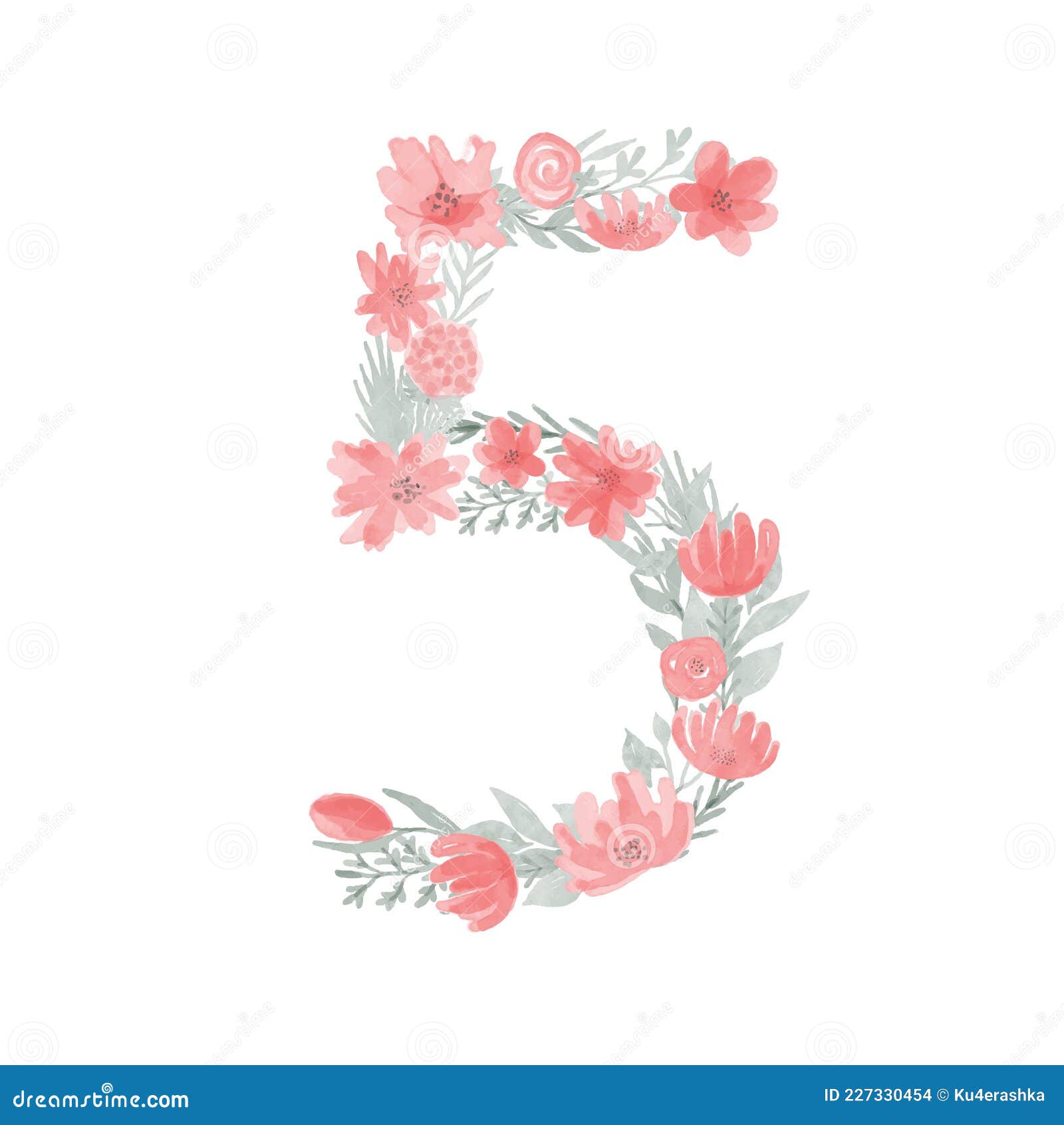 Floral Watercolor Number 5.Number Five Made of Flowers. Number Monogram ...