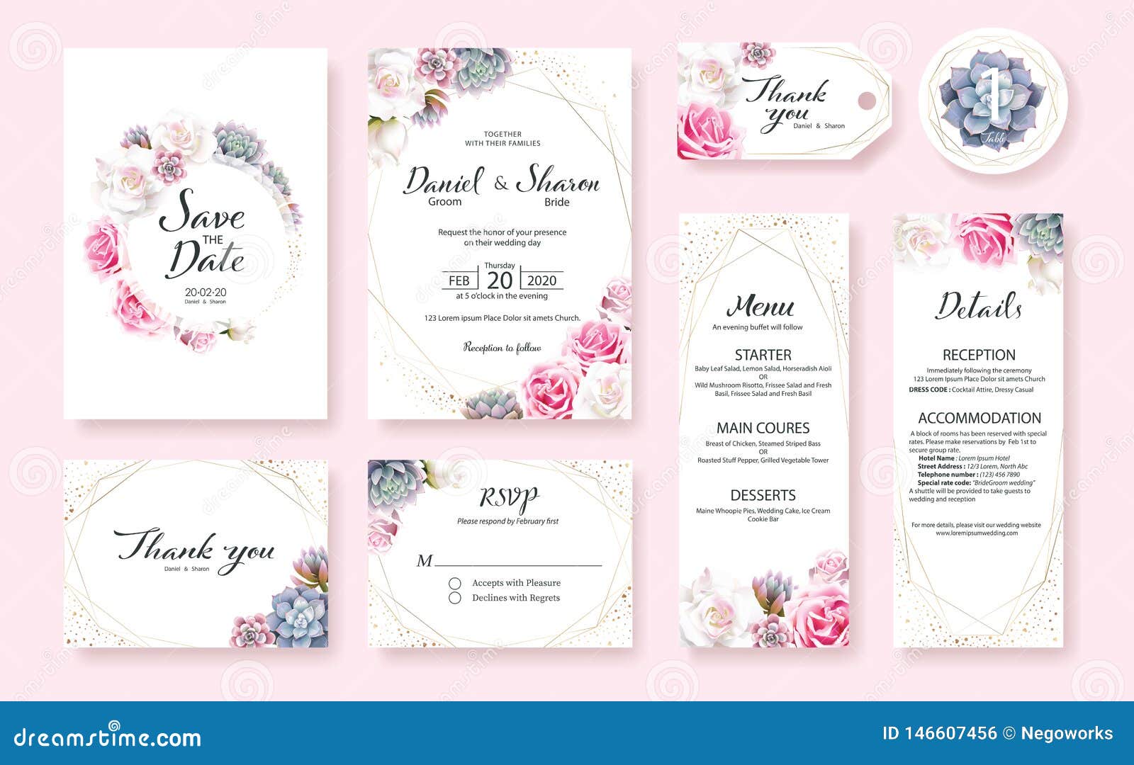 floral wedding invitation card, save the date, thank you, rsvp, table label, menu, details, tage template. . pink and white