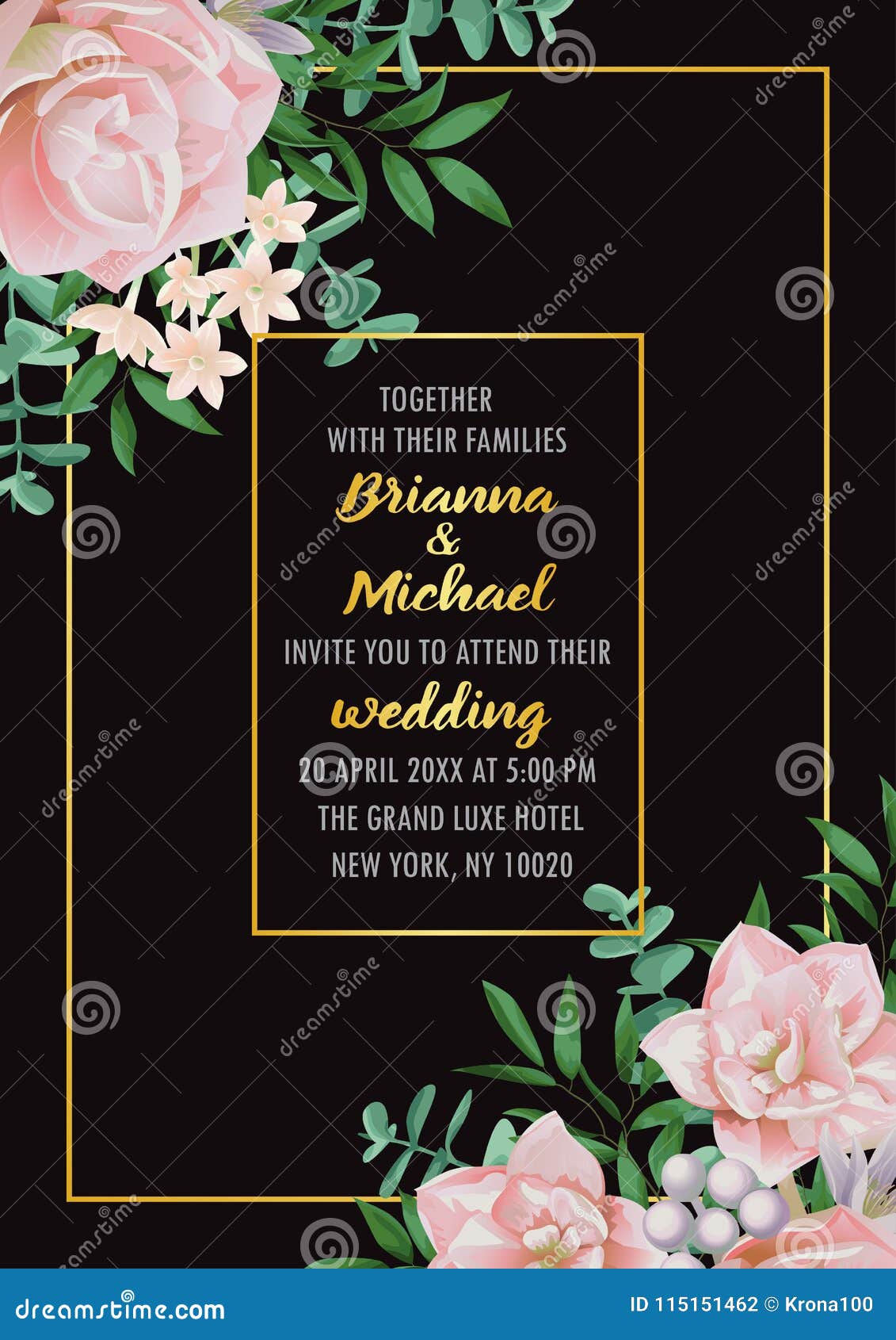 Wedding Invitation with Flowers and Greenery Stock Vector - Illustration of  bush, blank: 115151462