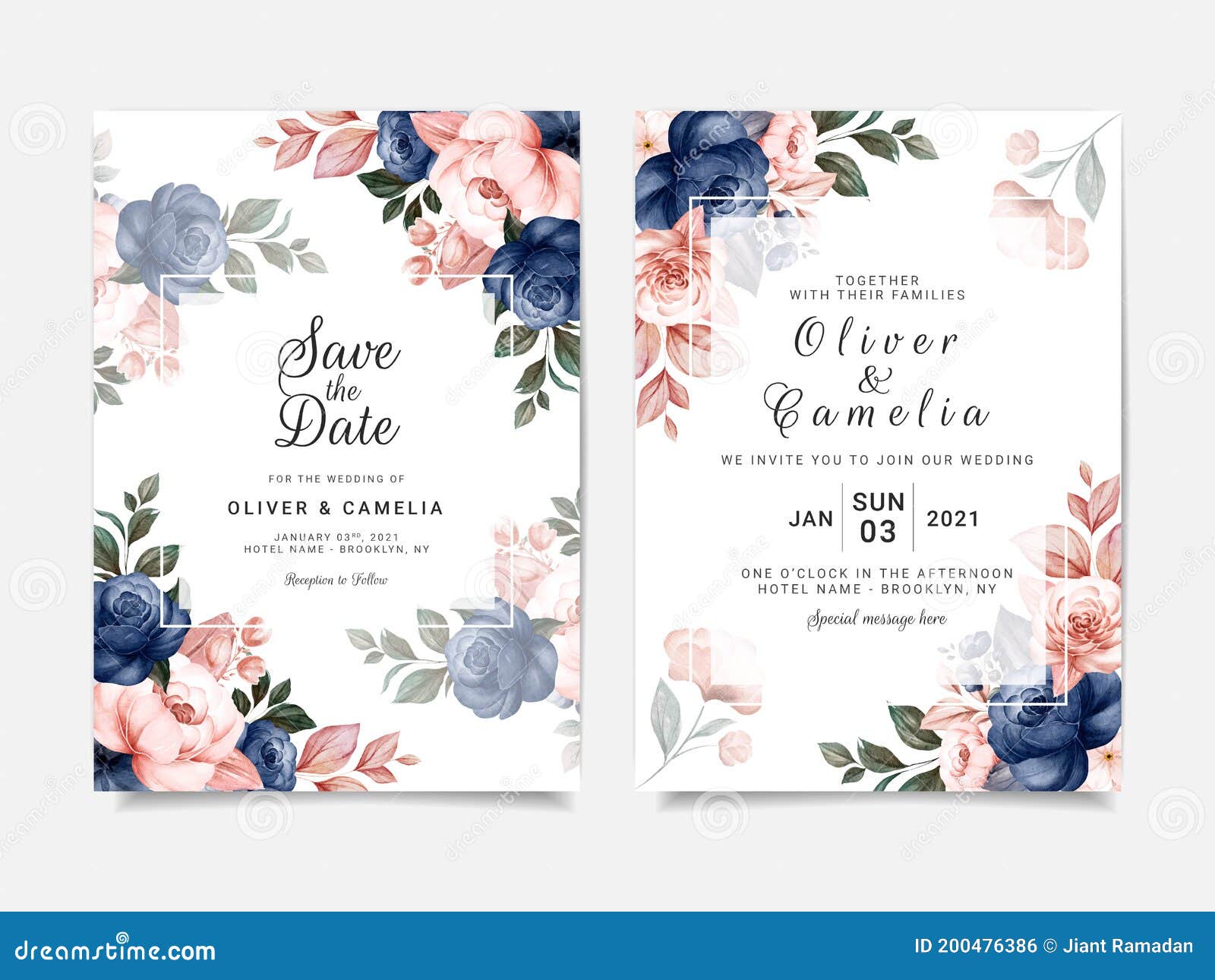 Floral Wedding Invitation Template Set with Blue and Brown Roses Floral Wedding Invitation Template Set with Blue and Brown Roses