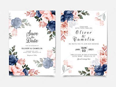 Floral Wedding Invitation Template Set with Blue and Brown Roses ...