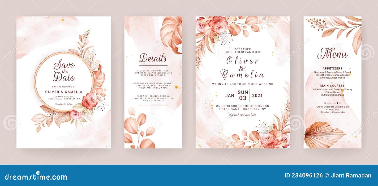 floral wedding invitation template set with brown and peach roses flowers and leaves decoration. foliage card  concept