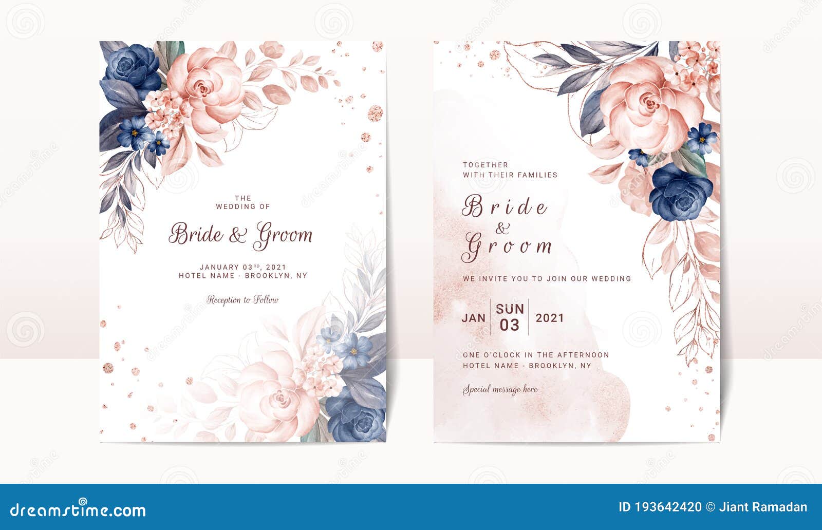 10 Wedding Invitations Day/Evening Blue Floral Watercolour Rose Leaves 