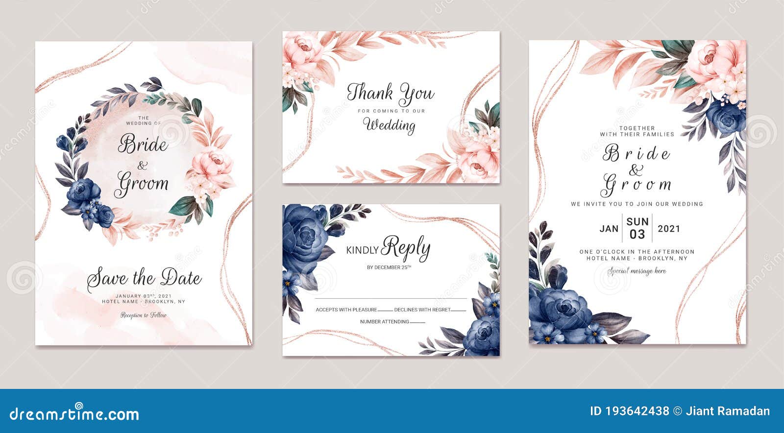 floral wedding invitation template set with navy and peach watercolor roses and leaves decoration. botanic card  concept