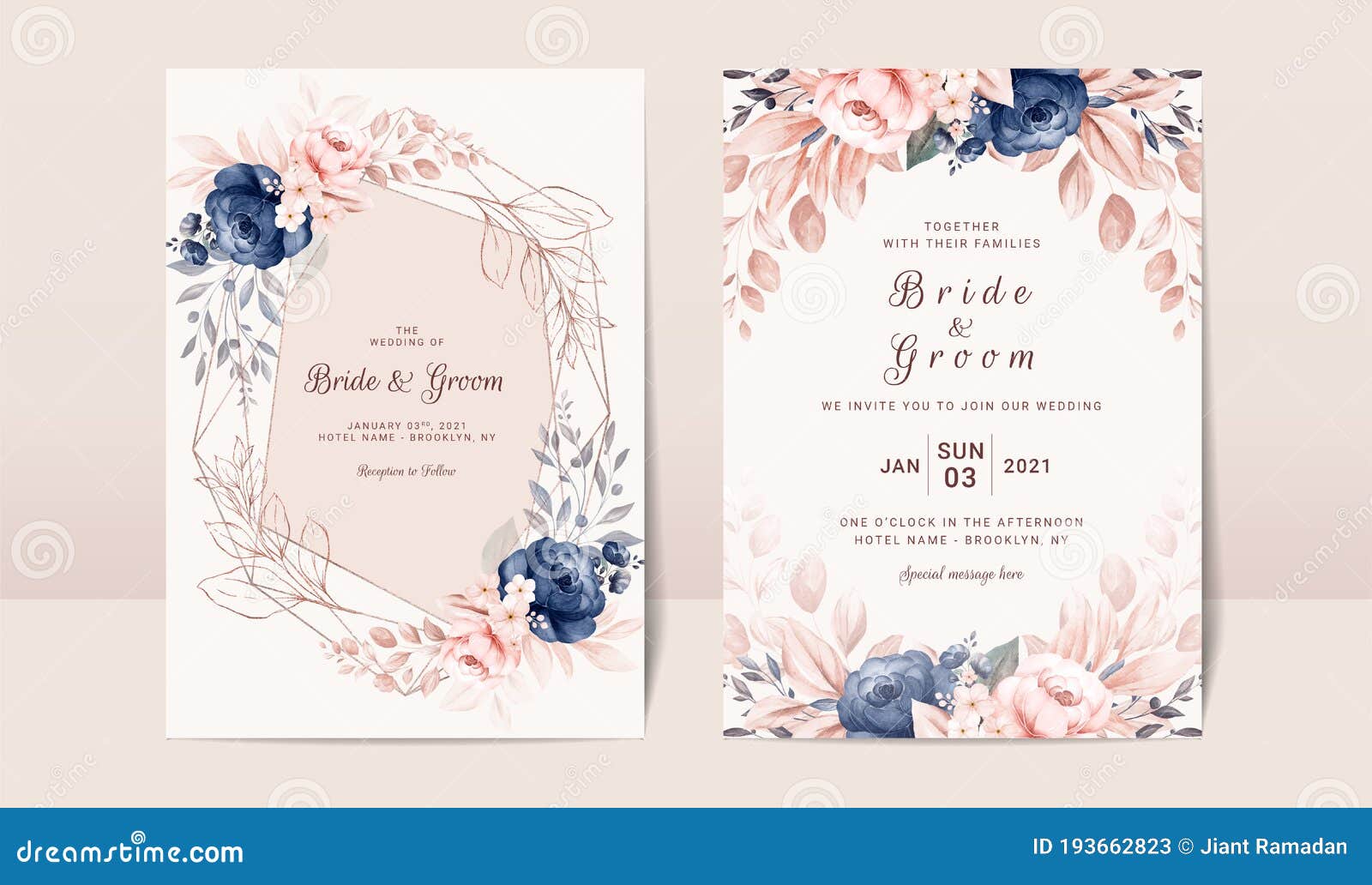 floral wedding invitation template set with navy and peach watercolor roses and leaves decoration. botanic card  concept