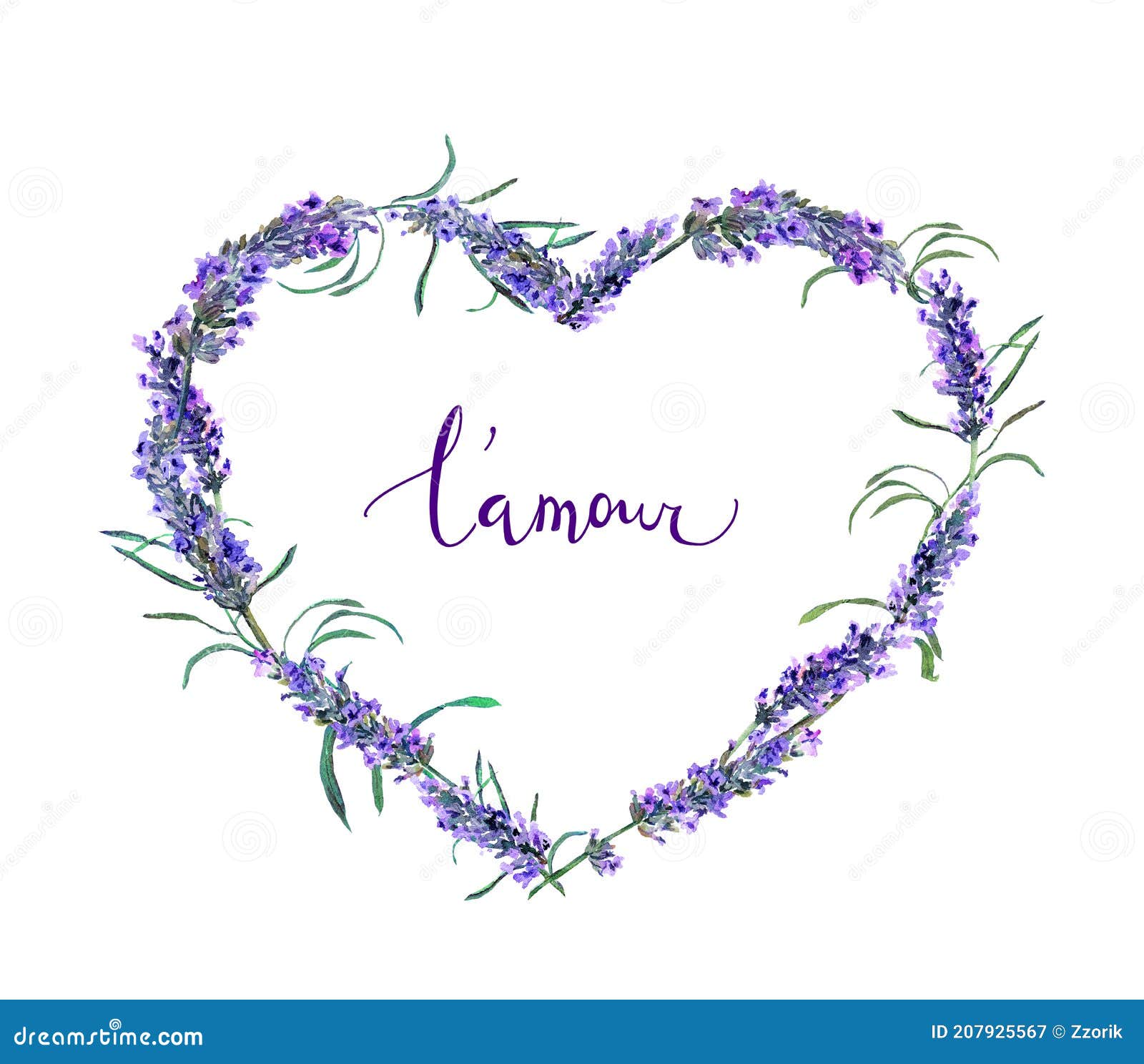 floral wreath - heart  with lavender flowers, french text l'amour . watercolor for valentine day, wedding