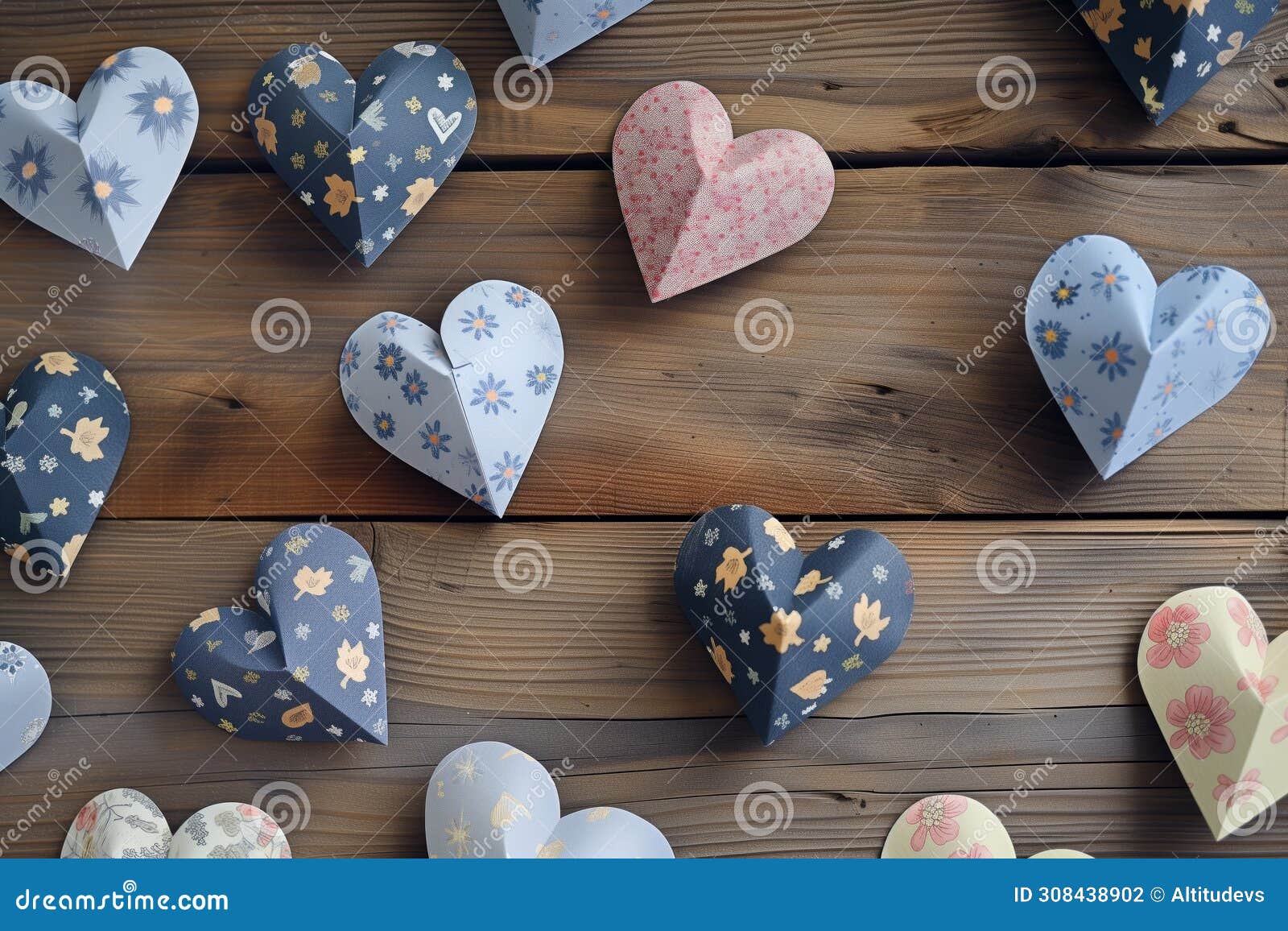 floralpatterned paper hearts on a wooden table