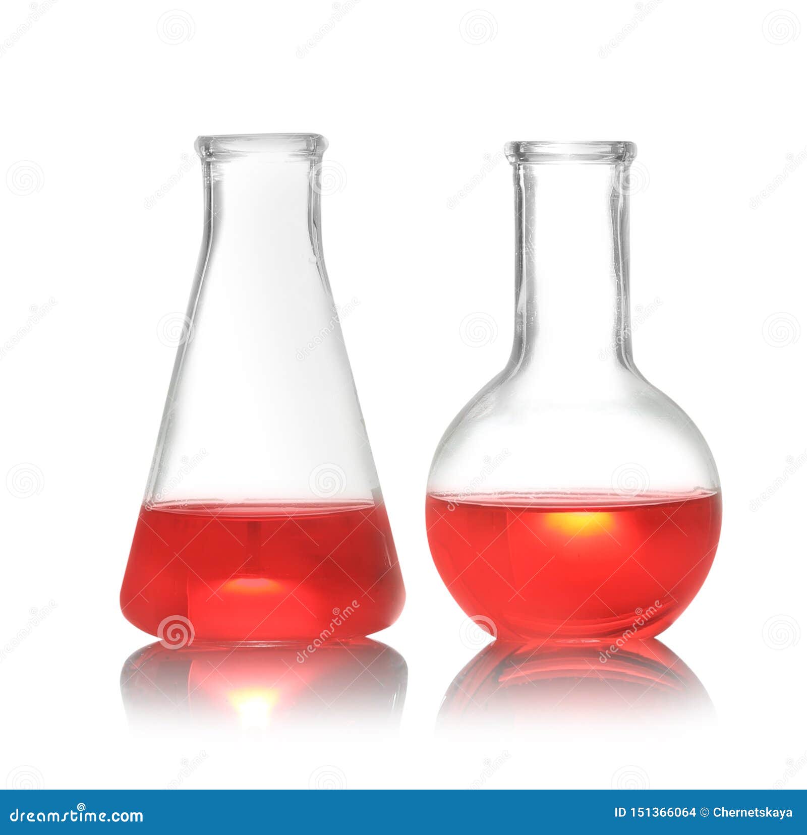 Florence and Conical Flasks with Liquid Samples. Chemistry Glassware