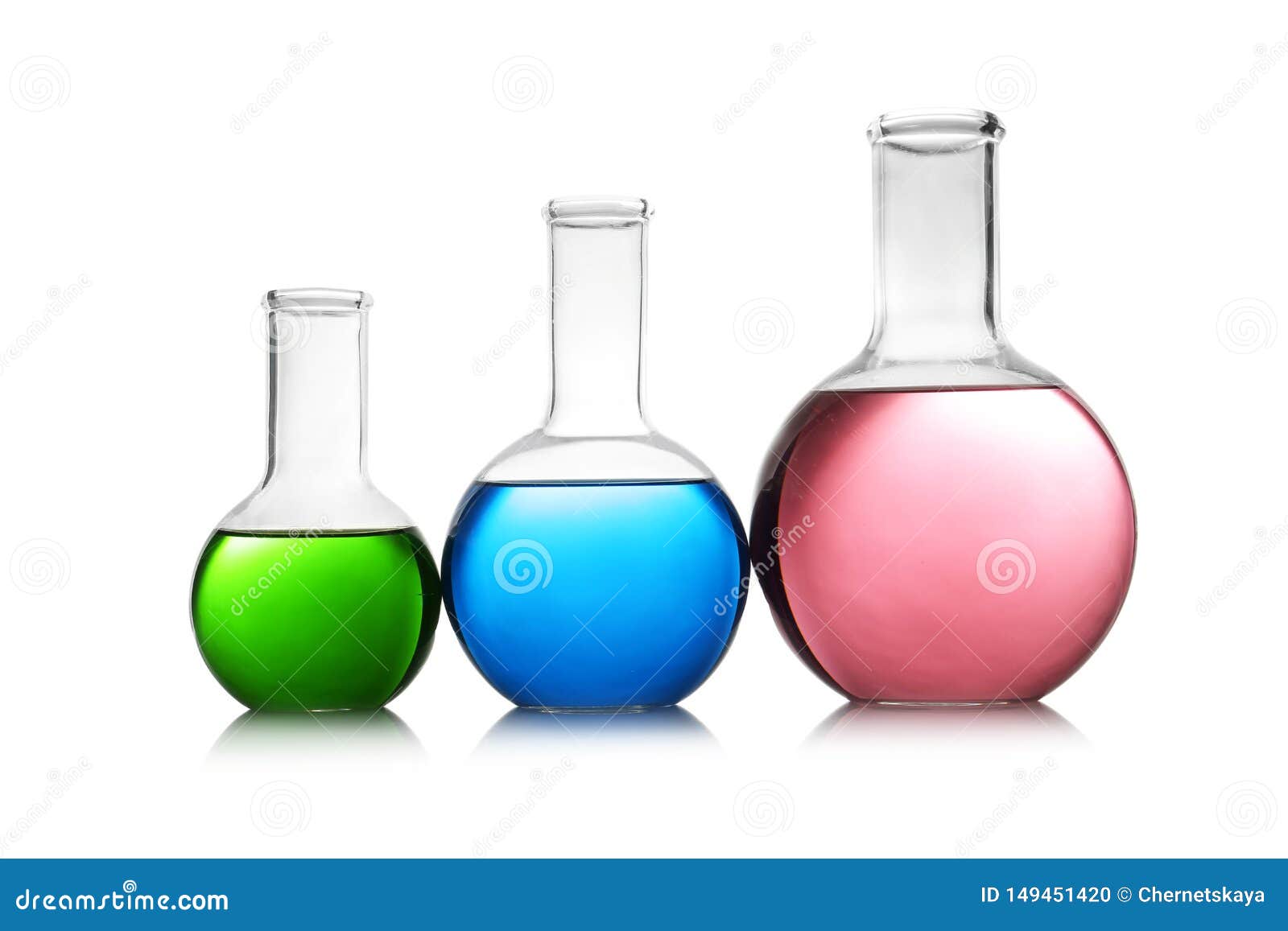 Florence Flasks with Color Liquid Isolated on White Stock Photo Image