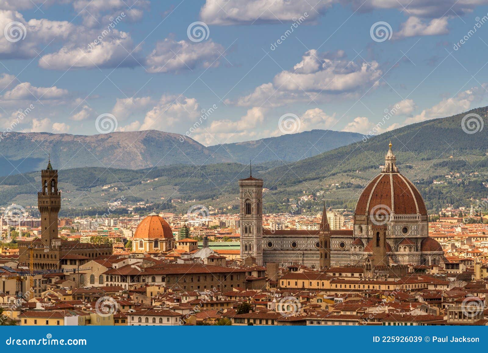 florence`s beautiful gothic cathedral standing out over the surrounding city buildings, with the mountains in the background