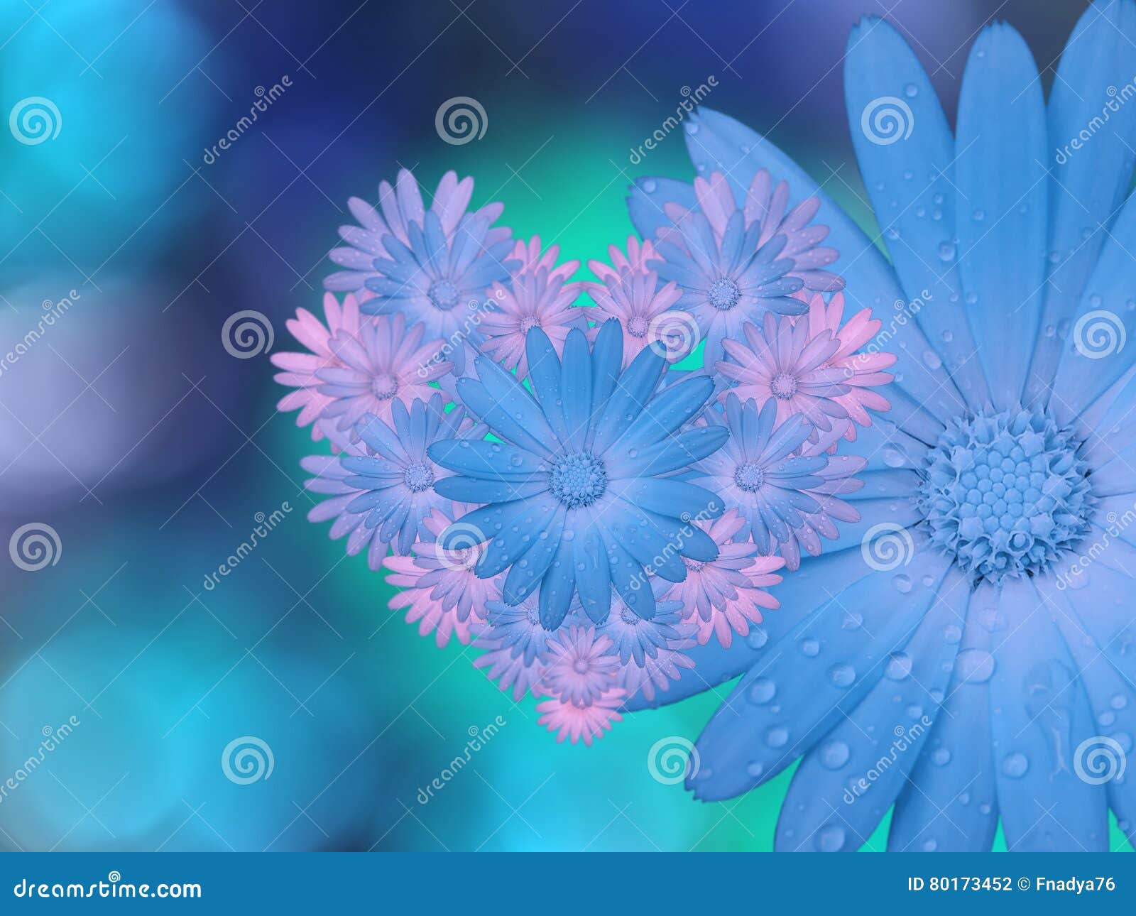 Flores Azul-rosadas, En Fondo Borroso Azul-turquesa Primer Composición  Floral Brillante, Tarjeta Para El Día De Fiesta Collage O Stock de  ilustración - Ilustración de sitio, vacaciones: 80173452