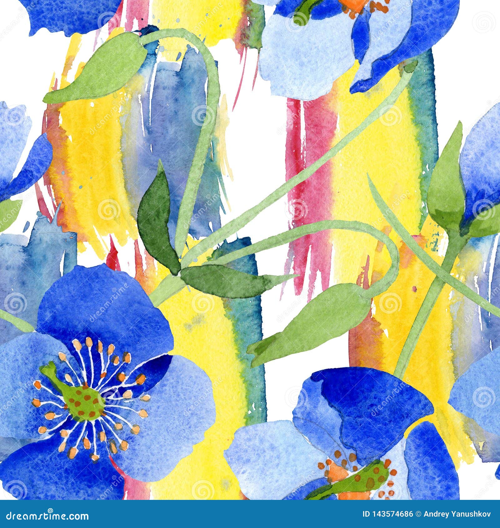 blue-poppy-floral-botanical-flowers-watercolor-illustration-set-seamless-background-pattern