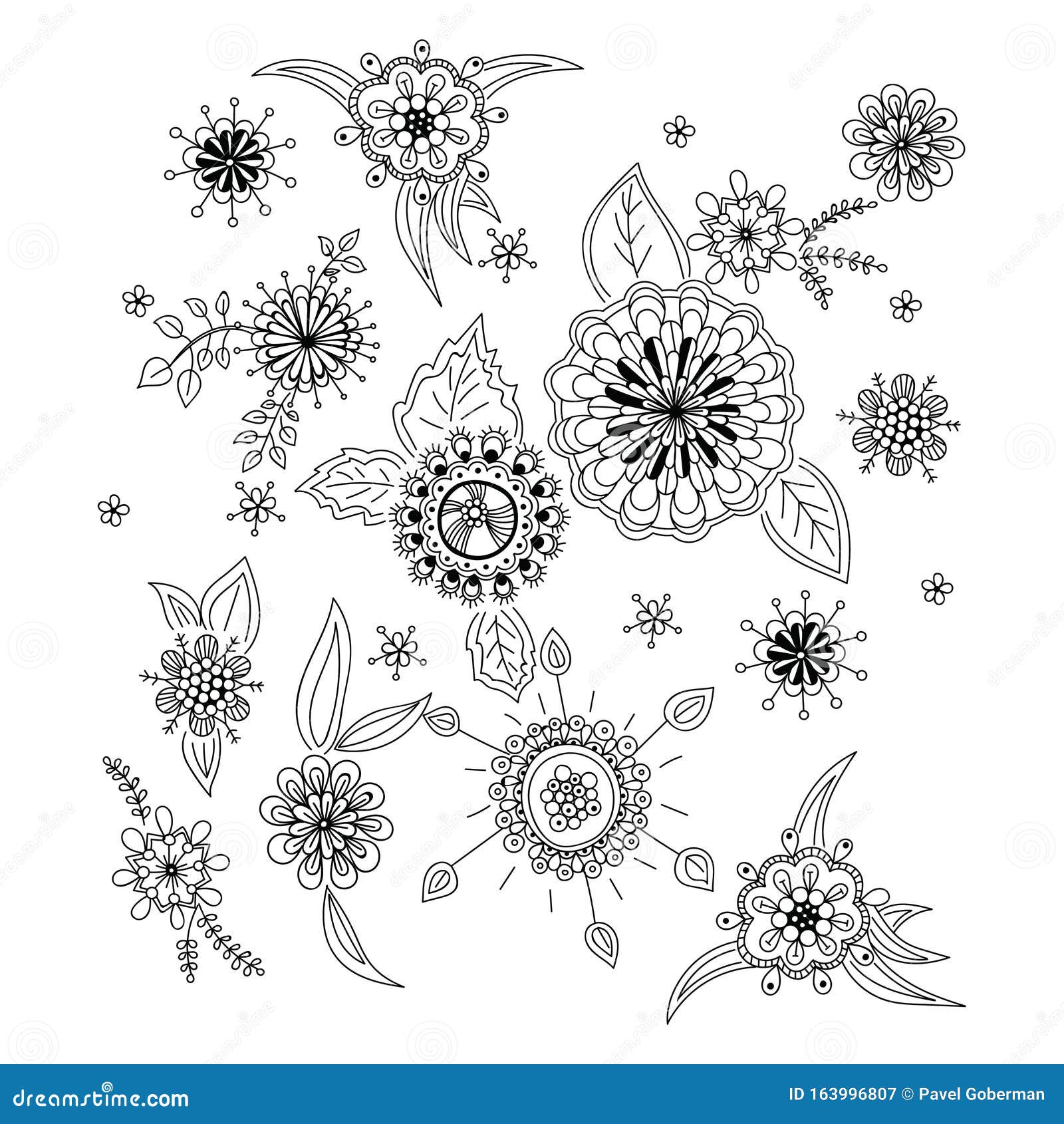Flores De Doodle Decorativas En Blanco Y Negro Para Libro De Colores,  Portada O Fondo Esbozo Dibujado a Mano Para El Estrés Antie Stock de  ilustración - Ilustración de flor, remolino: 163996807