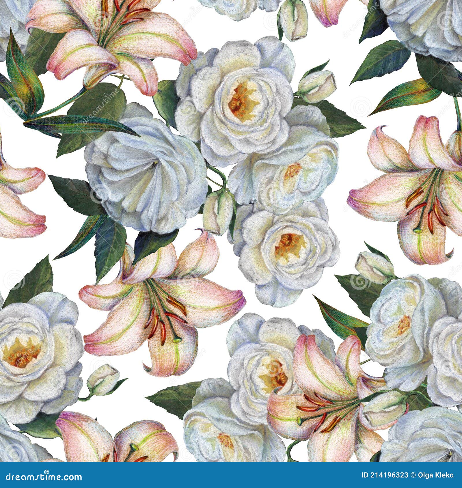 Flores De Jardín Rosa Con Azucenas Sobre Fondo Blanco. Stock de ilustración  - Ilustración de lirios, elegancia: 214196323