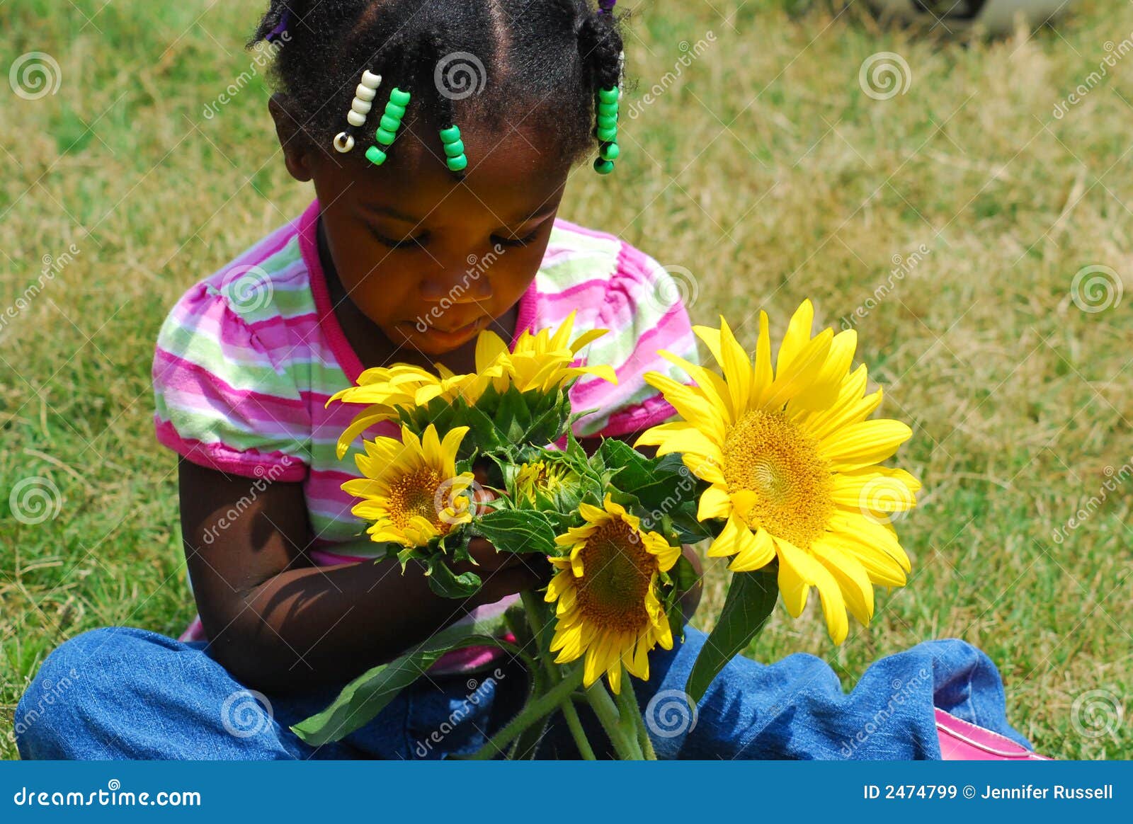 Flores del verano. Una chica joven sostiene un puñado de girasoles mientras que ella mira abajo y huele la <a href="http://www.dreamstime.com/multiracial-children-rcollection6947-resi227445" STYLE="font-size:13px; text-decoration: blink; color:#FF0000"><b>colección multirracial</b></a> themMy de los <a href="http://www.dreamstime.com/multiracial-children-rcollection6947-resi227445" STYLE="font-size:13px; text-decoration: blink; color:#FF0000"><b>niños?</b></a>