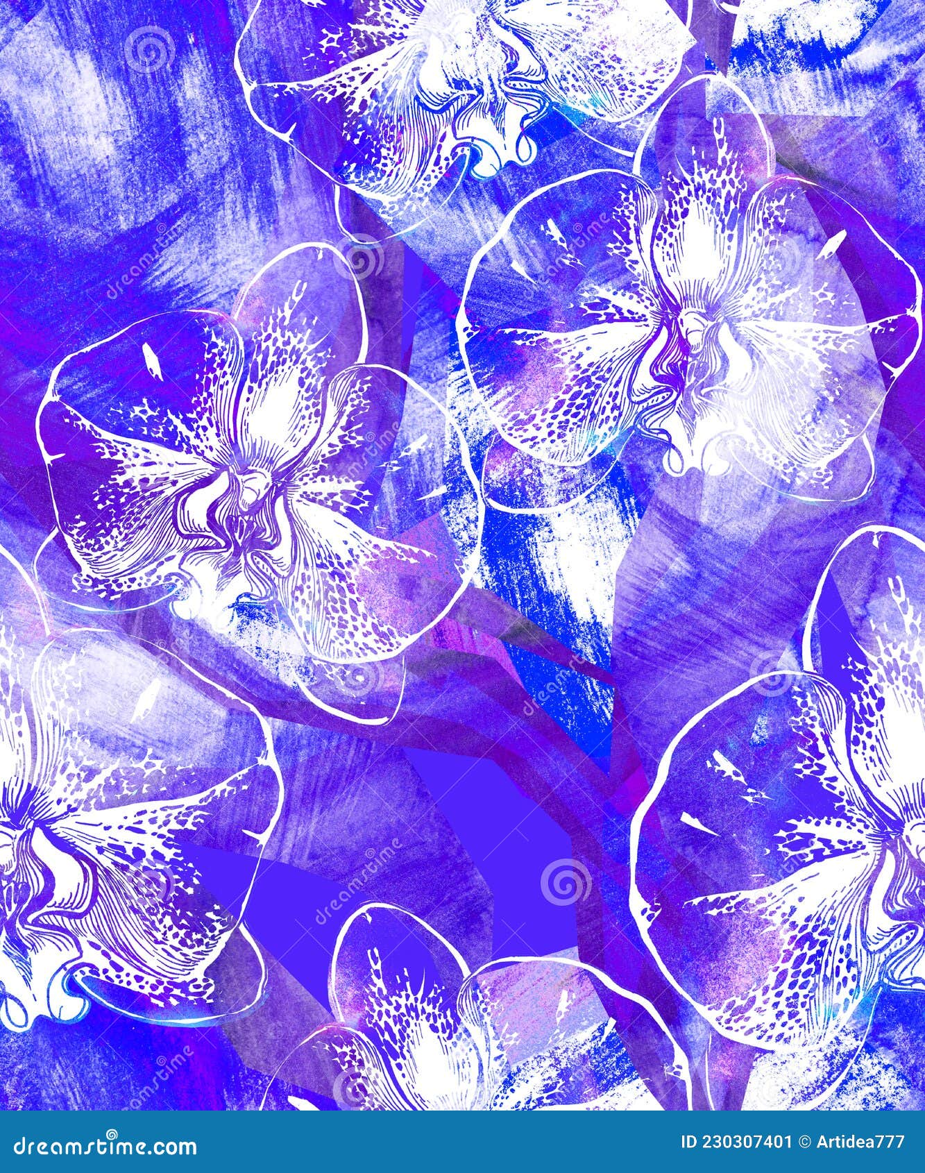Flores Místicas índigo De Orquídea Sobre Fondo Azul Claro De Textura De  Cristal. Stock de ilustración - Ilustración de moderno, gemela: 230307401