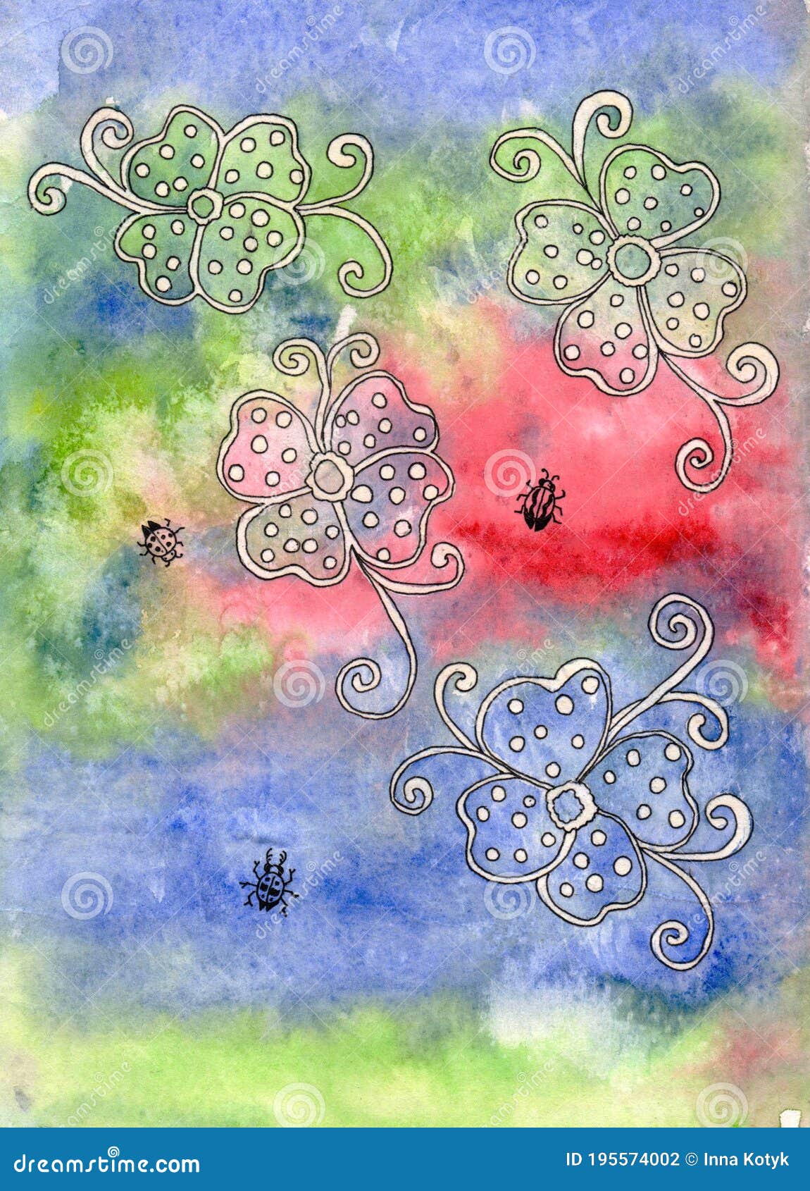 Flores Y Insectos En Un Fondo Acuarela. Dibujo Con Acuarelas Y Tinta. Stock  de ilustración - Ilustración de pintura, cubo: 195574002