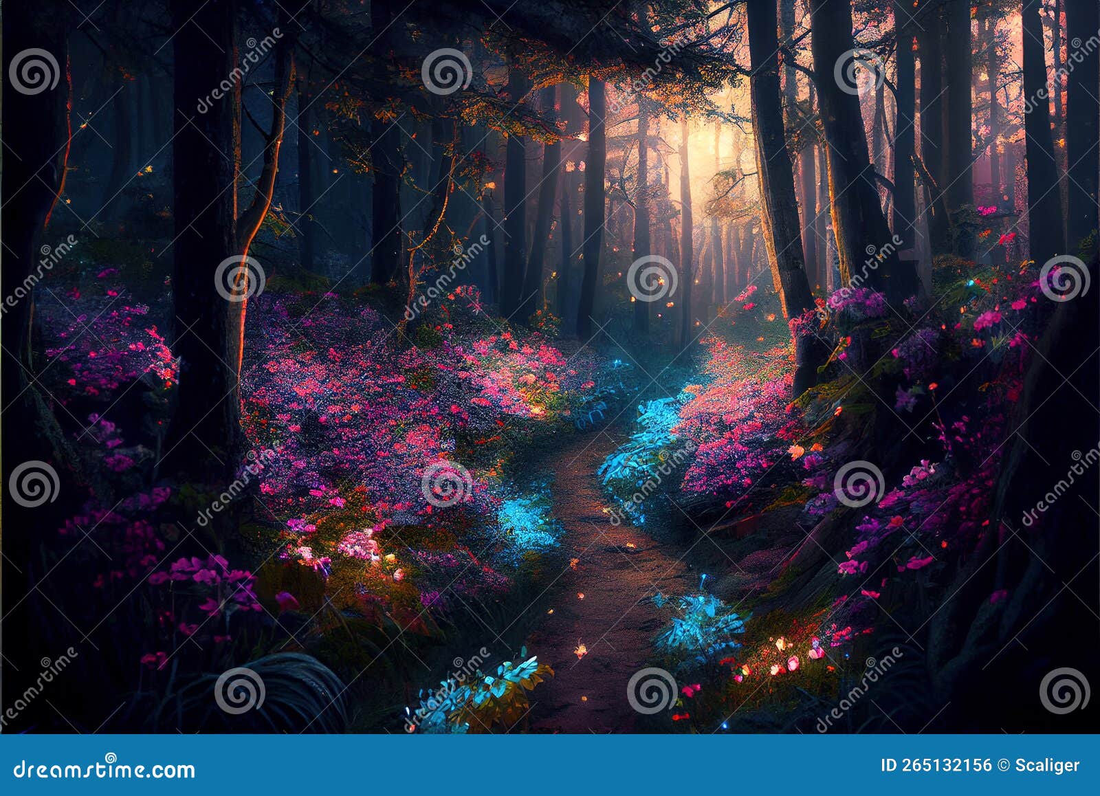 animê cenário do uma floresta com uma caminho e flores generativo