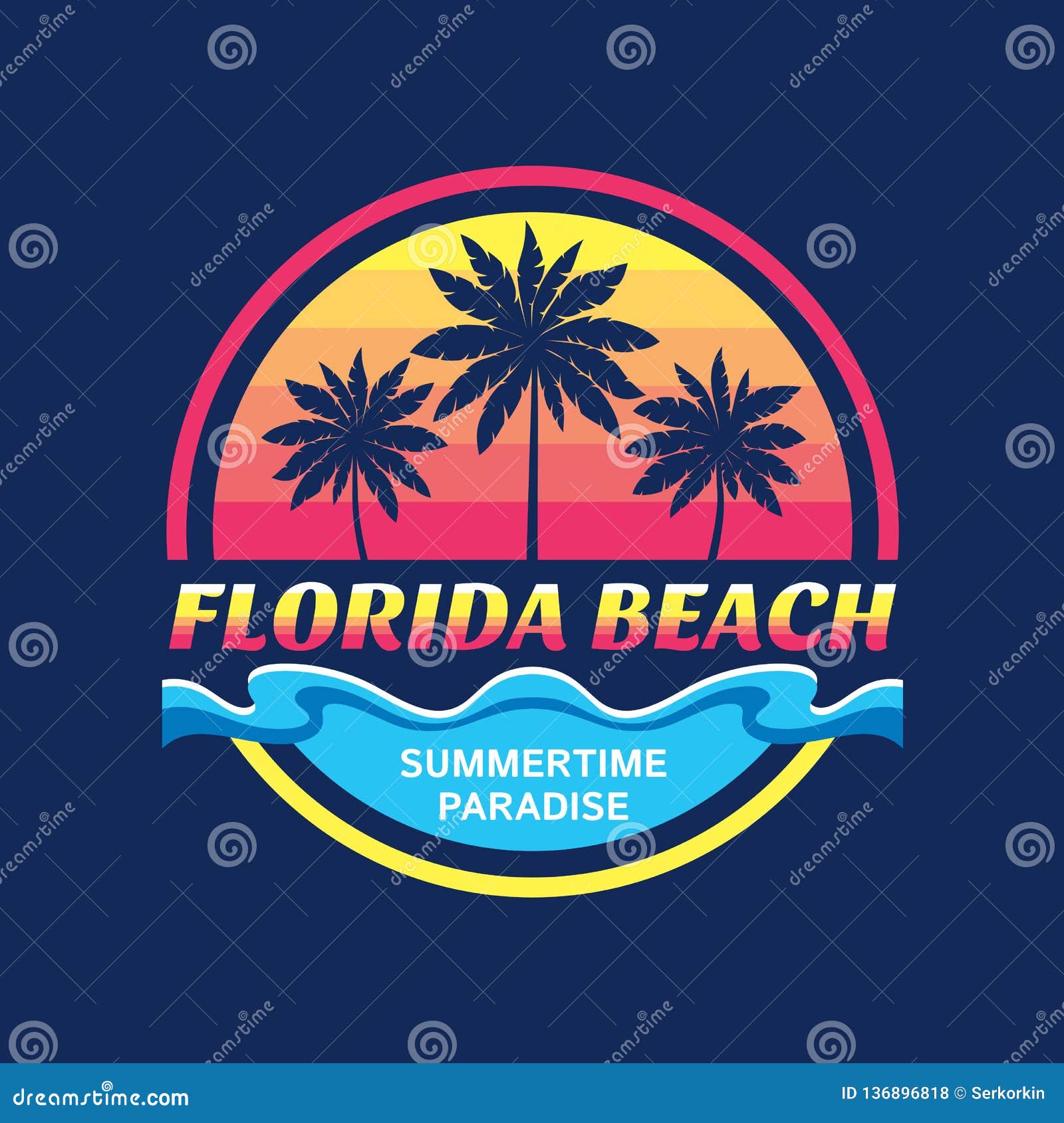 florida beach -   concept in retro vintage graphic style for t-shirt and other print production. palms, sun