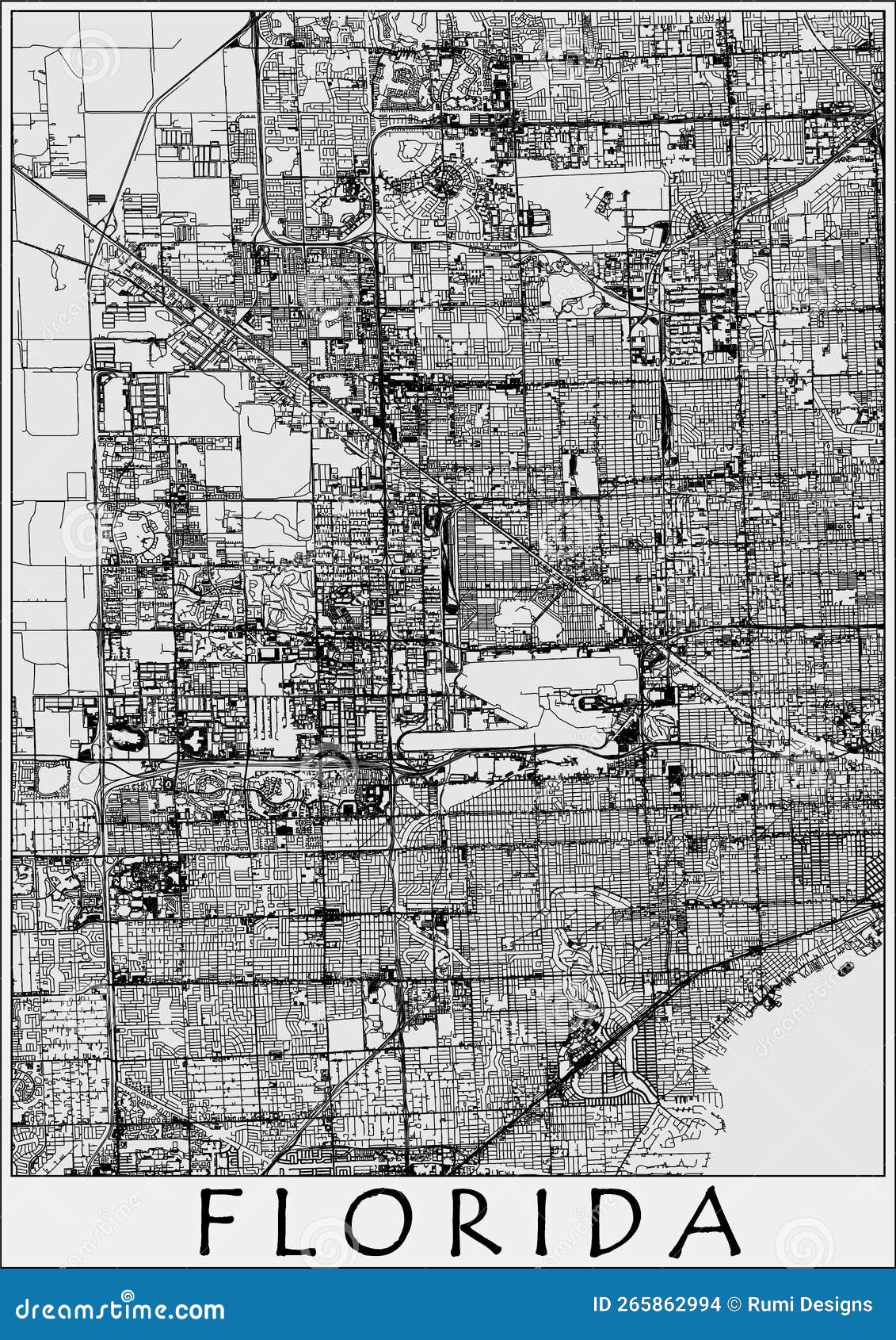 Florida City Vector Map Black and White HD Stock Illustration