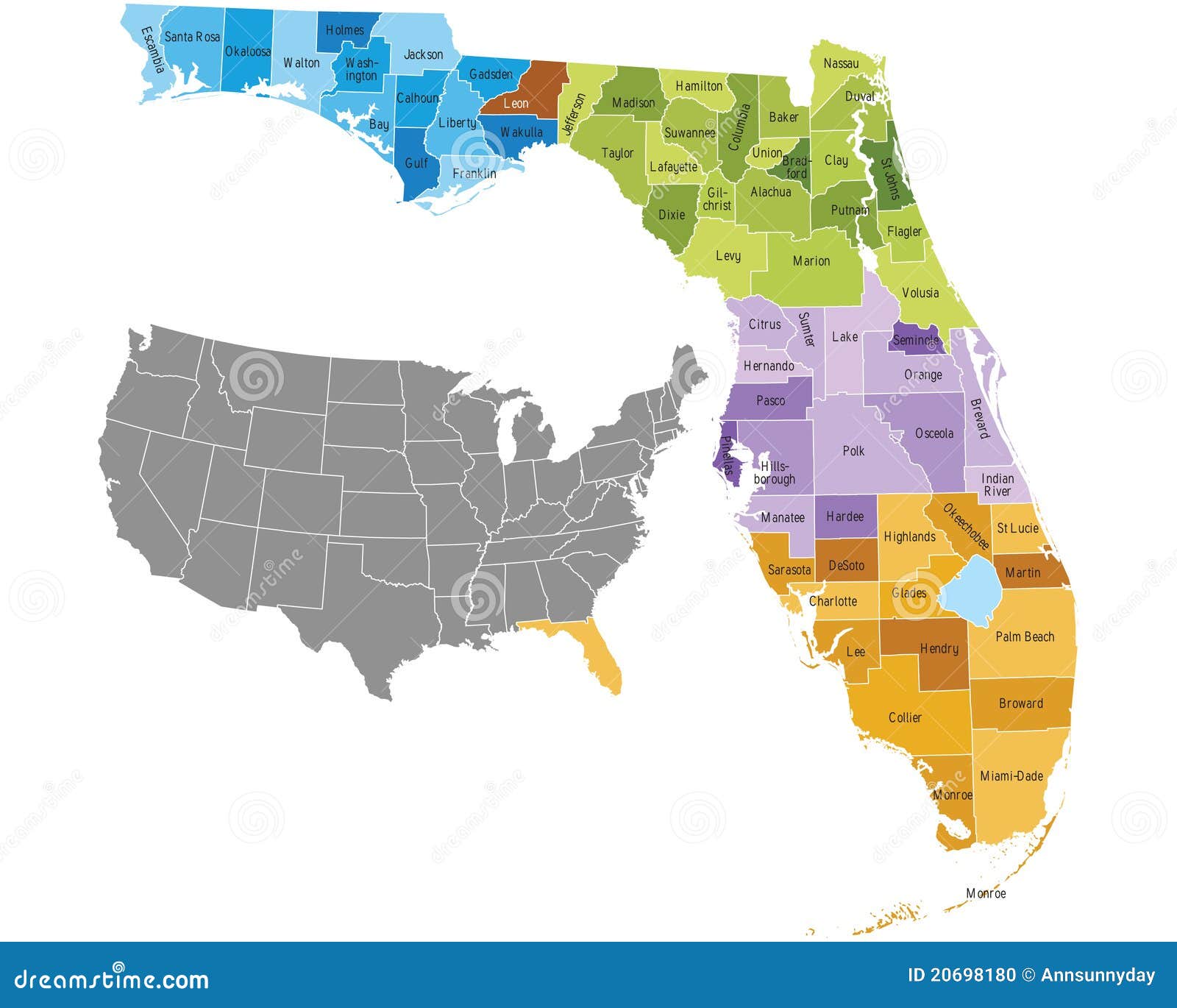 Florida-Grafschaften. Florida-Zustandgrafschaften bilden mit Grenzen und Namen ab. ENV-Datei enthält unterschiedliche Schichten mit Grafschaftnamen, -grenzen und -schicht mit Grafschaften.