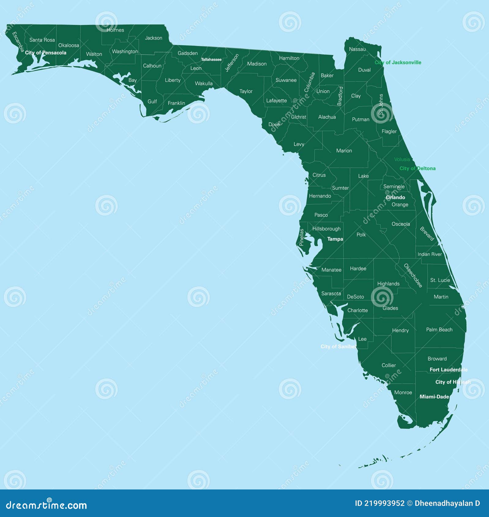 Florida Map Vector Outline in Green and Blue Background with Names of