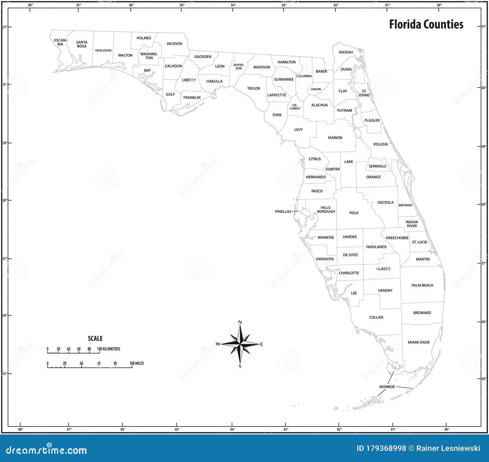 Florida State Outline Administrative and Political Map in Black and