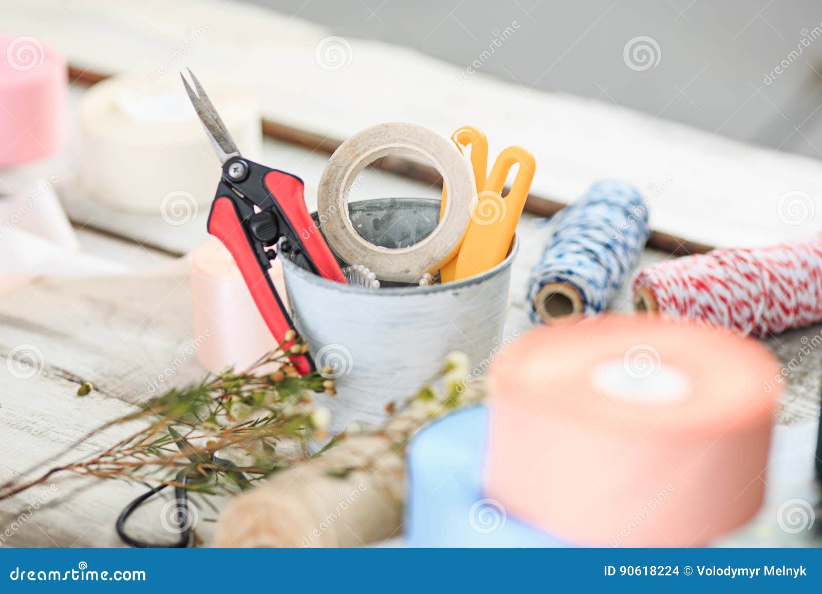 The Florist Desktop with Working Tools on White Background Stock Photo