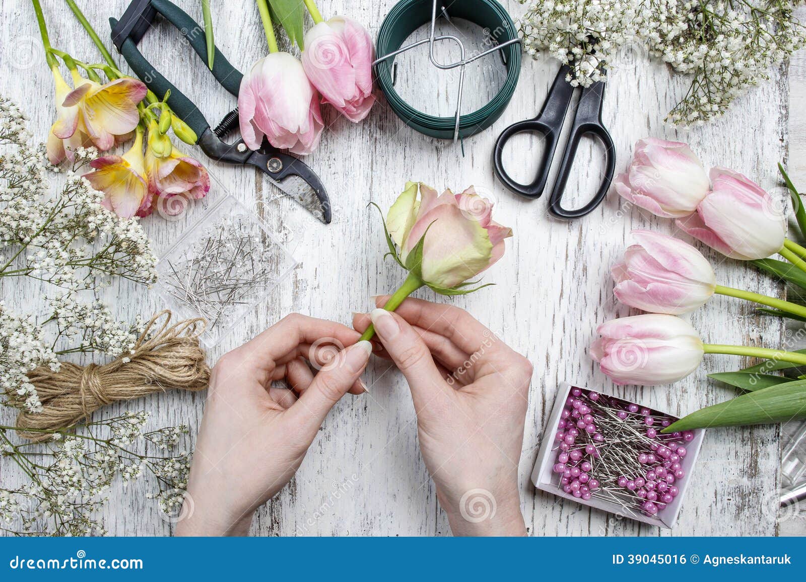 florist workplace: flowers and accessories