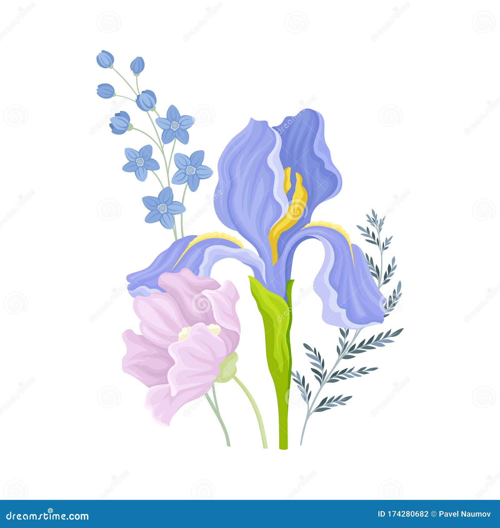 floristic composition with purple showy iris flower on green erect stem  