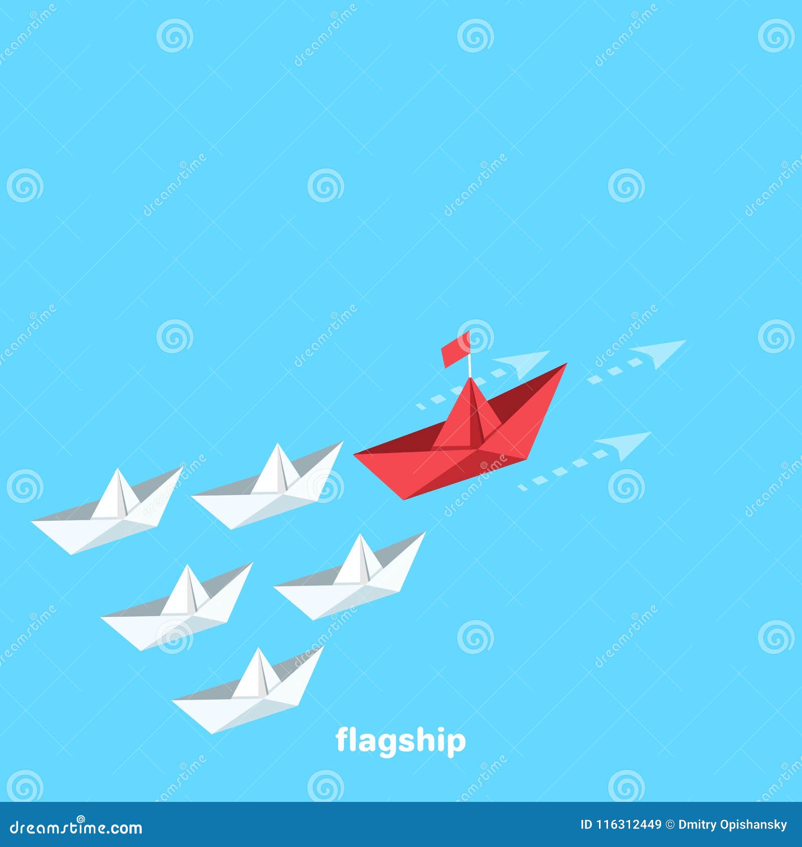a flotilla of paper ships sails headed by the flagship in the given direction