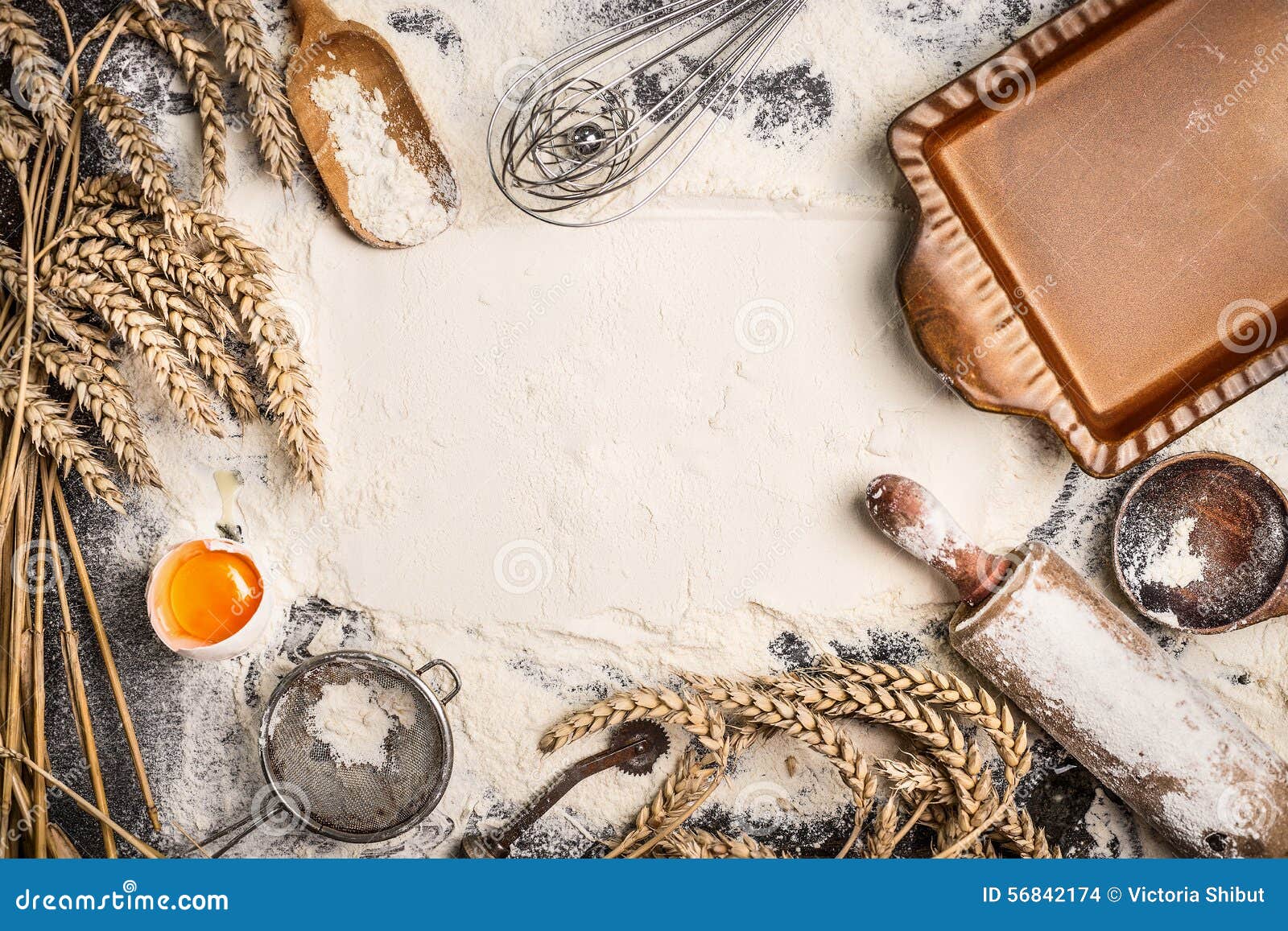 Flour Baking Background with Raw Egg, Rolling Pin, Wheat Ear and Rustic