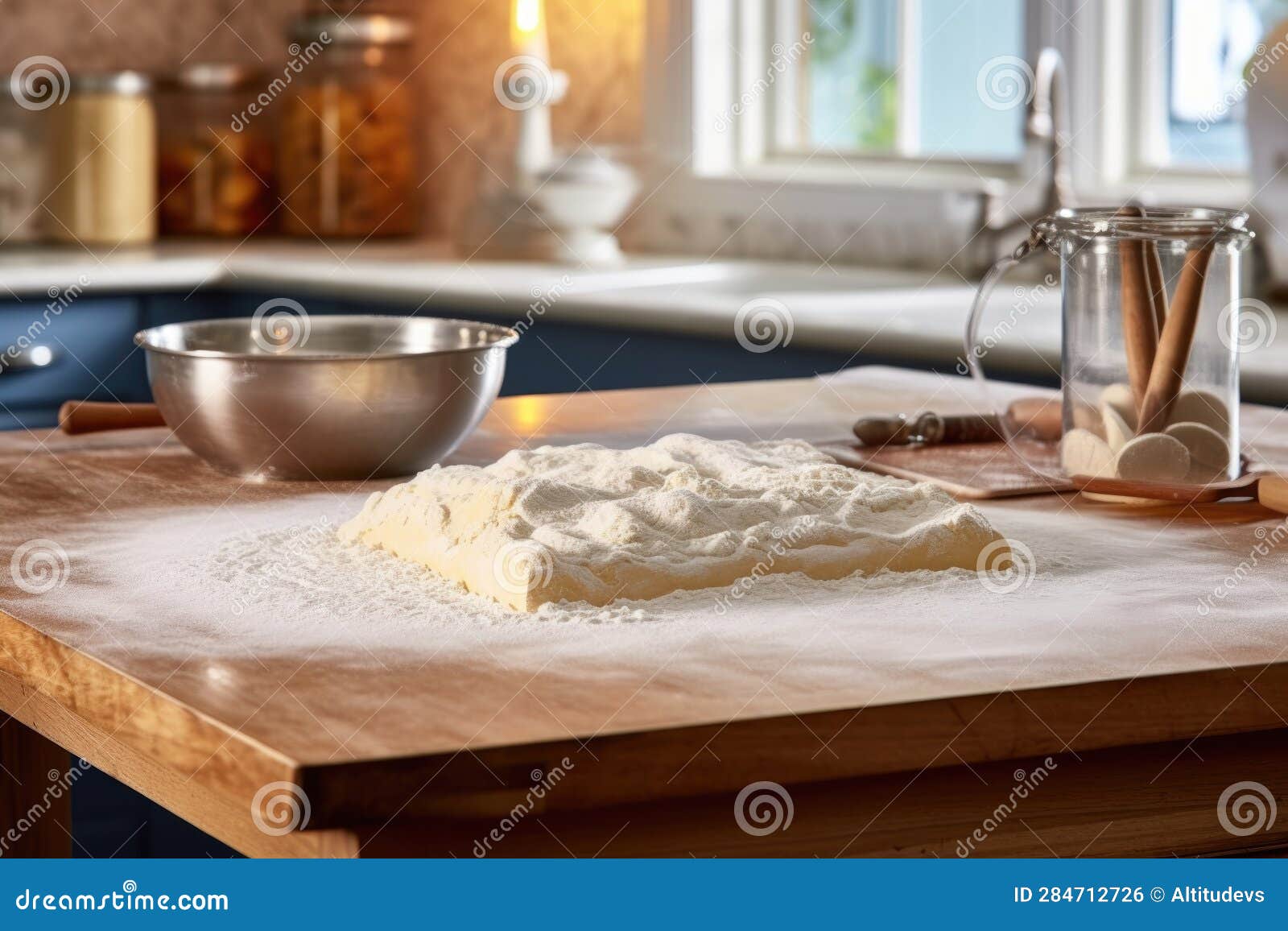 Flourdusted Countertop with Pasta Dough and Cutter Stock Photo Image