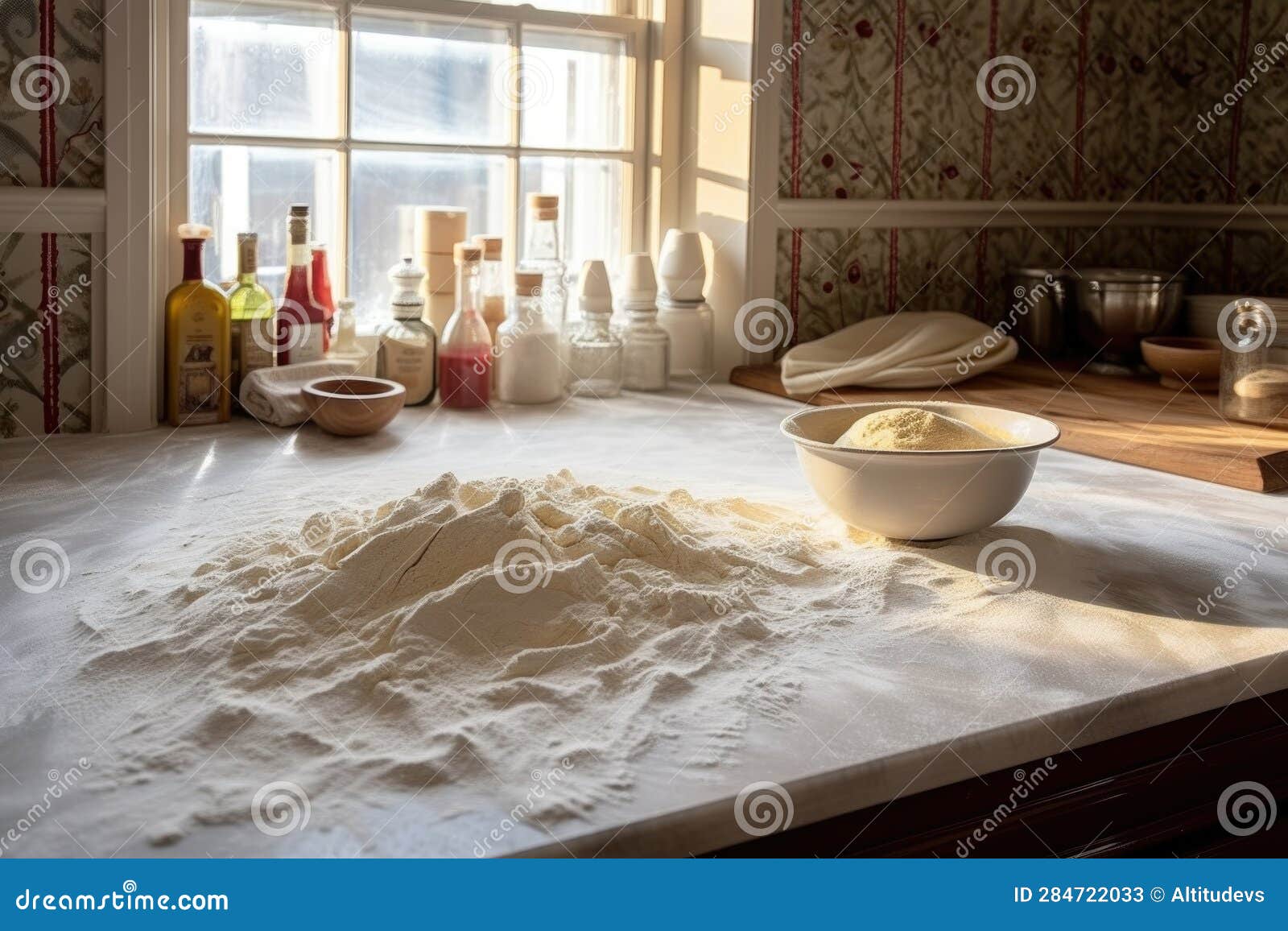 Flourdusted Countertop with Pasta Dough and Cutter Stock Illustration