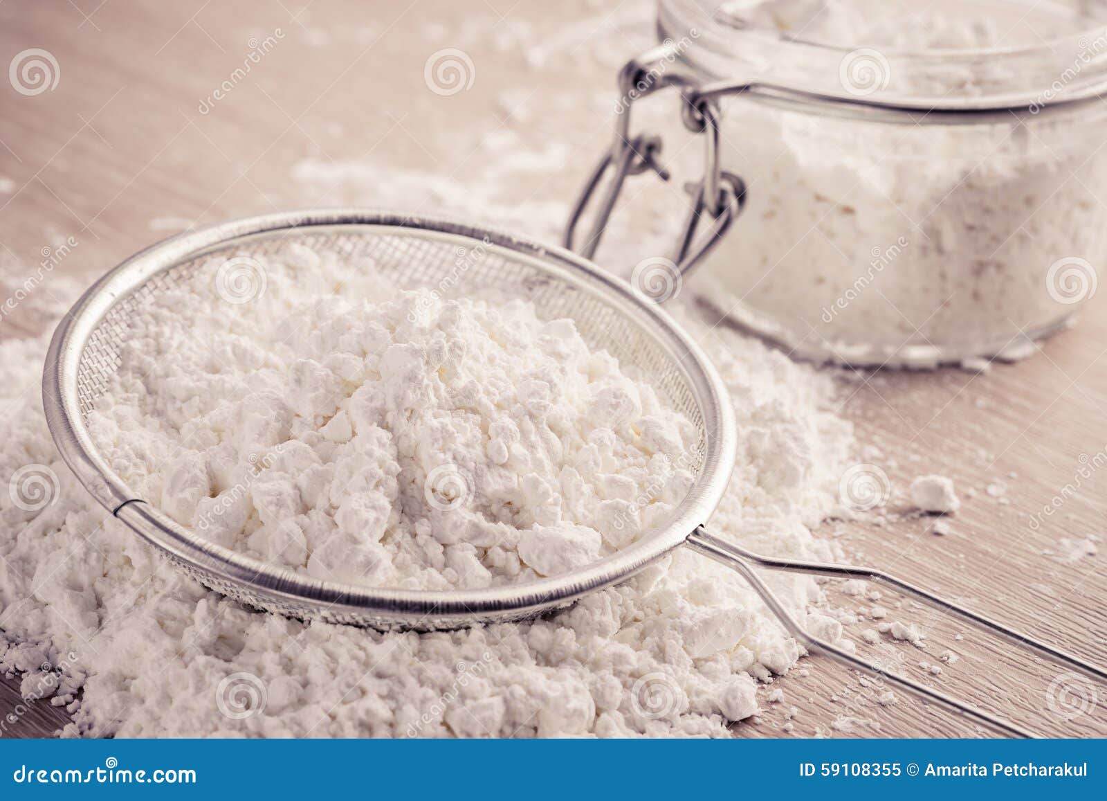 Flour in Sieve and Glass Jar, Filtered Image Stock Image Image of