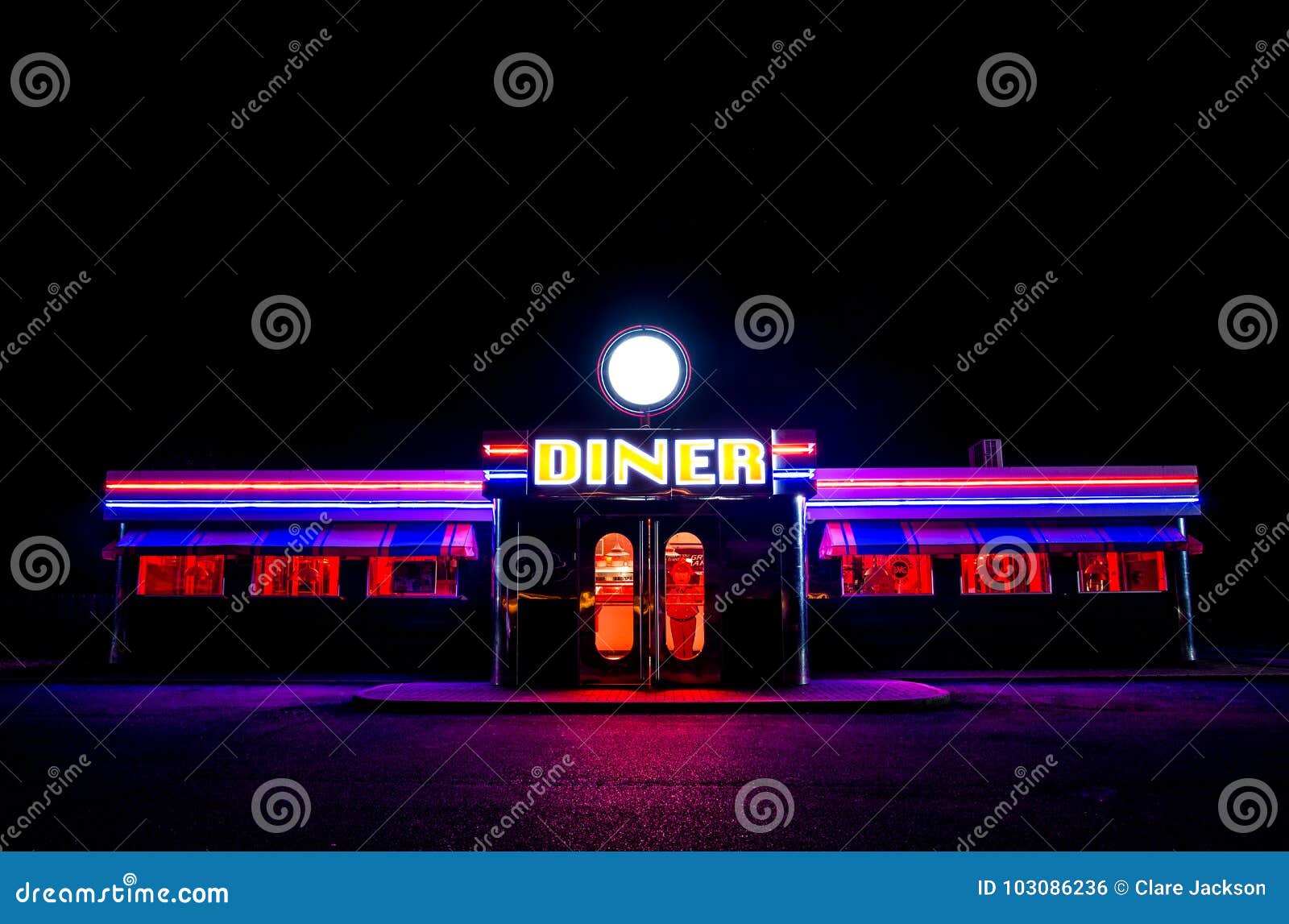 Americana Retro Waffle Shop At Night With Neon Sign Silver Halide Photograph 