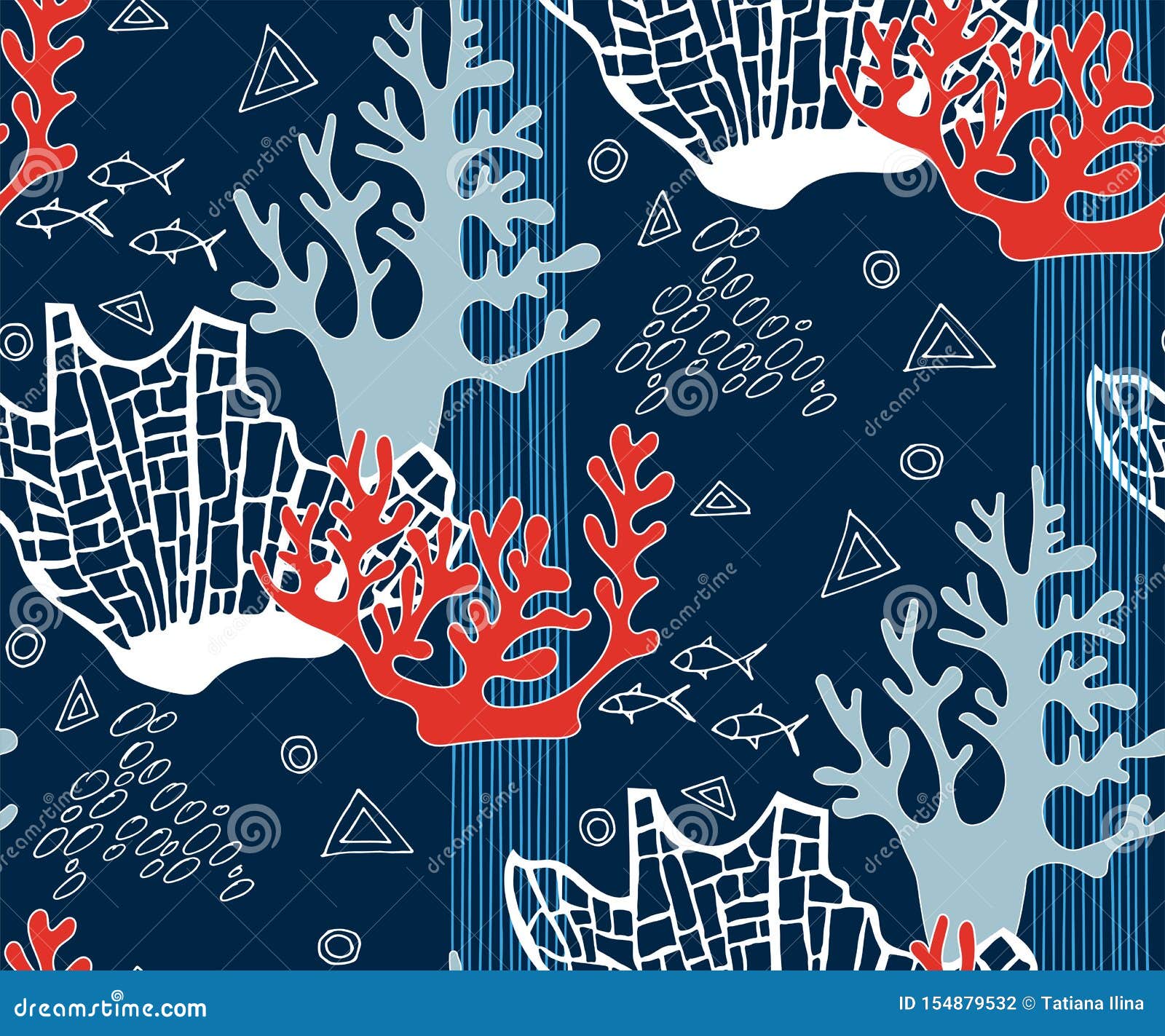 Hand Drawn Underwater Natural Ocean Elements. Seamless Pattern With