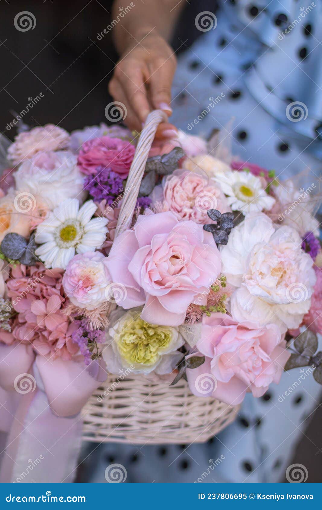 Beautiful Bouquet of Flowers in Basket, Woman Hands. Wicker Basket with ...